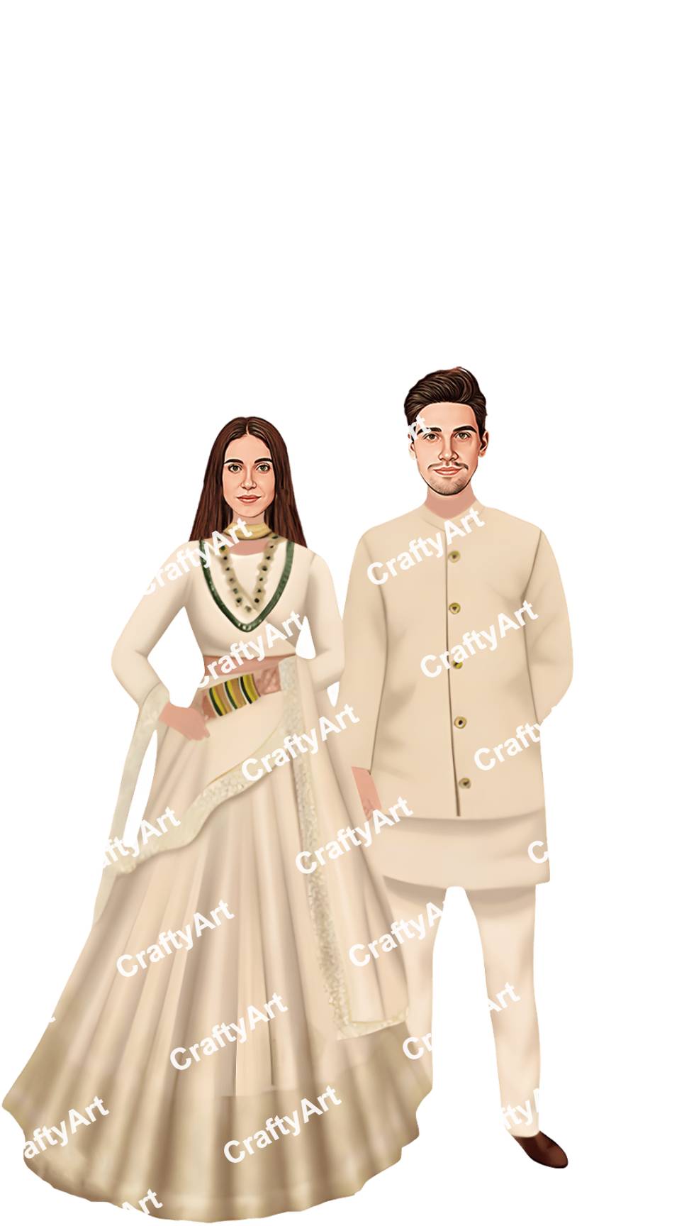 Bride and Groom Wedding Caricature with Cream Outfit