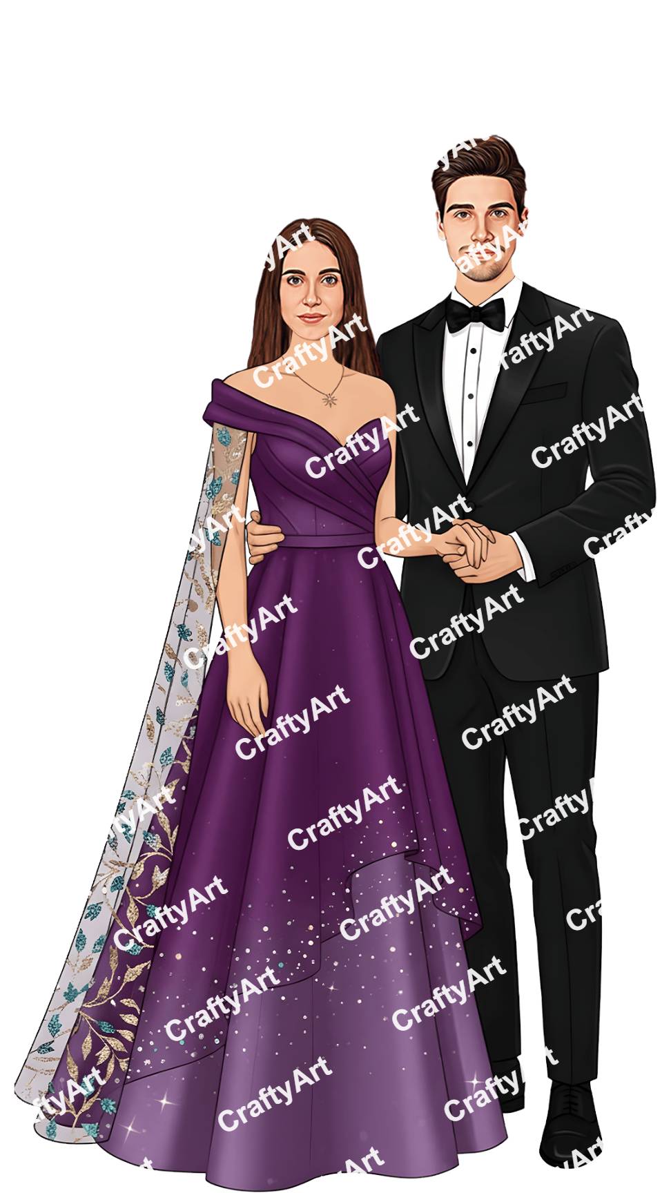 Engagement Couple Caricature in Purple Gown and Black Suit