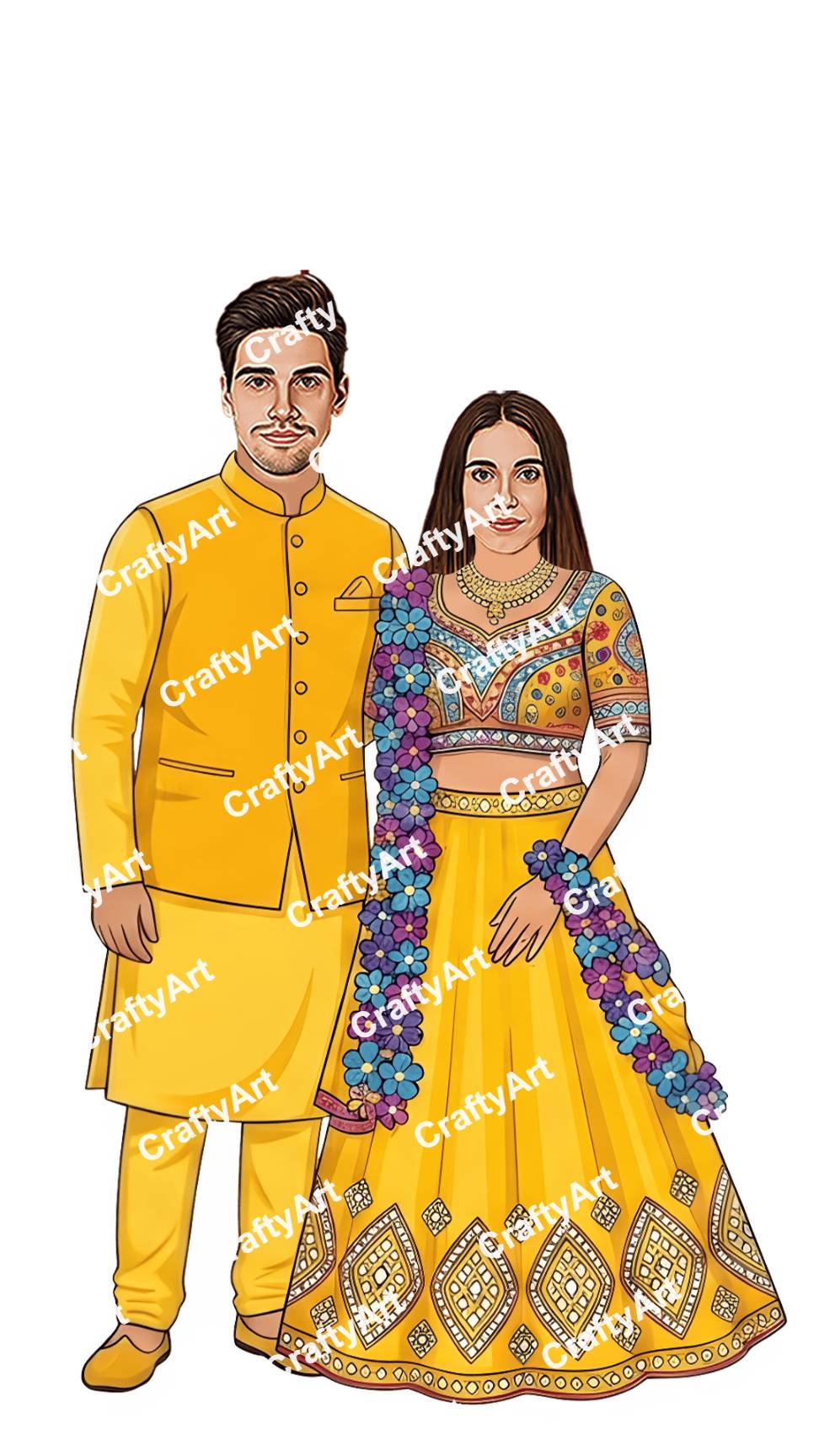 Indian Wedding Haldi Ceremony Couple Caricature