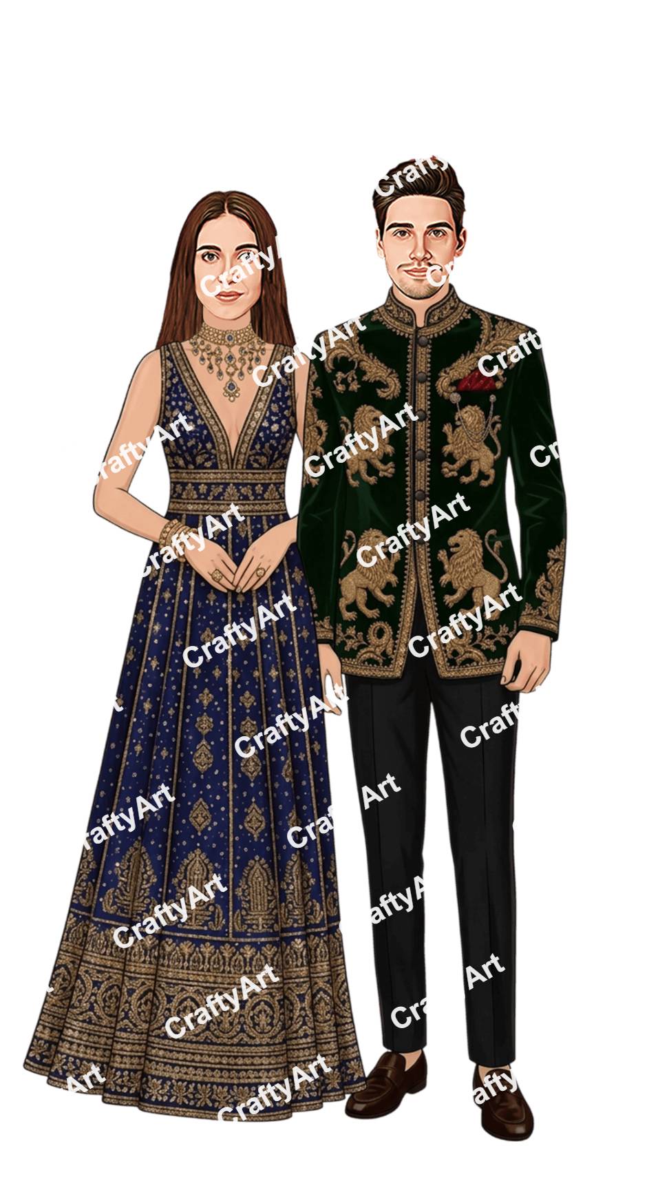 Engagement Couple Illustration in Navy Blue Ethnic Wear
