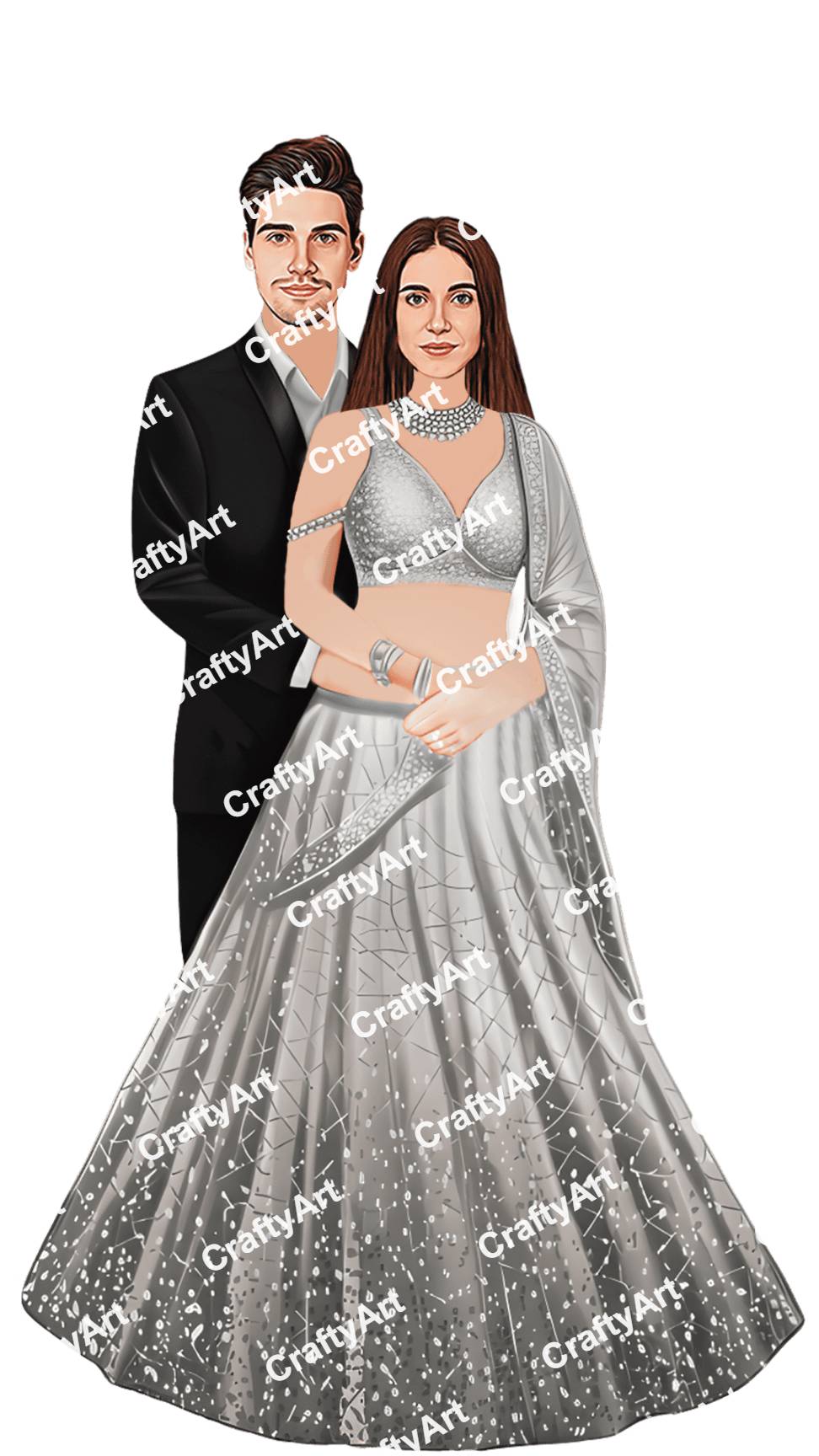 Luxury Indian Couple Engagement Caricature Illustration
