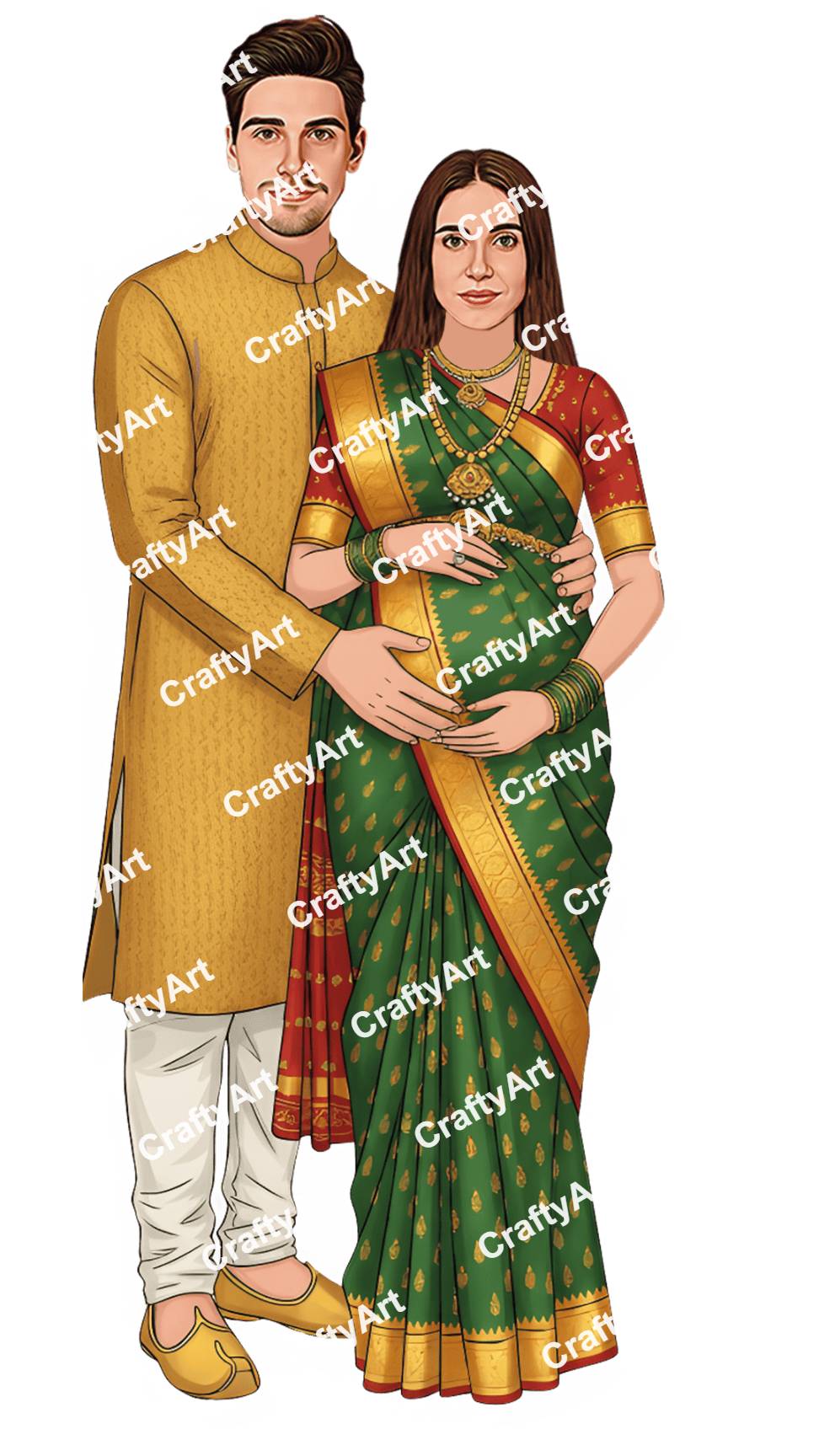 Baby Shower Couple Caricature with Saree and Kurta