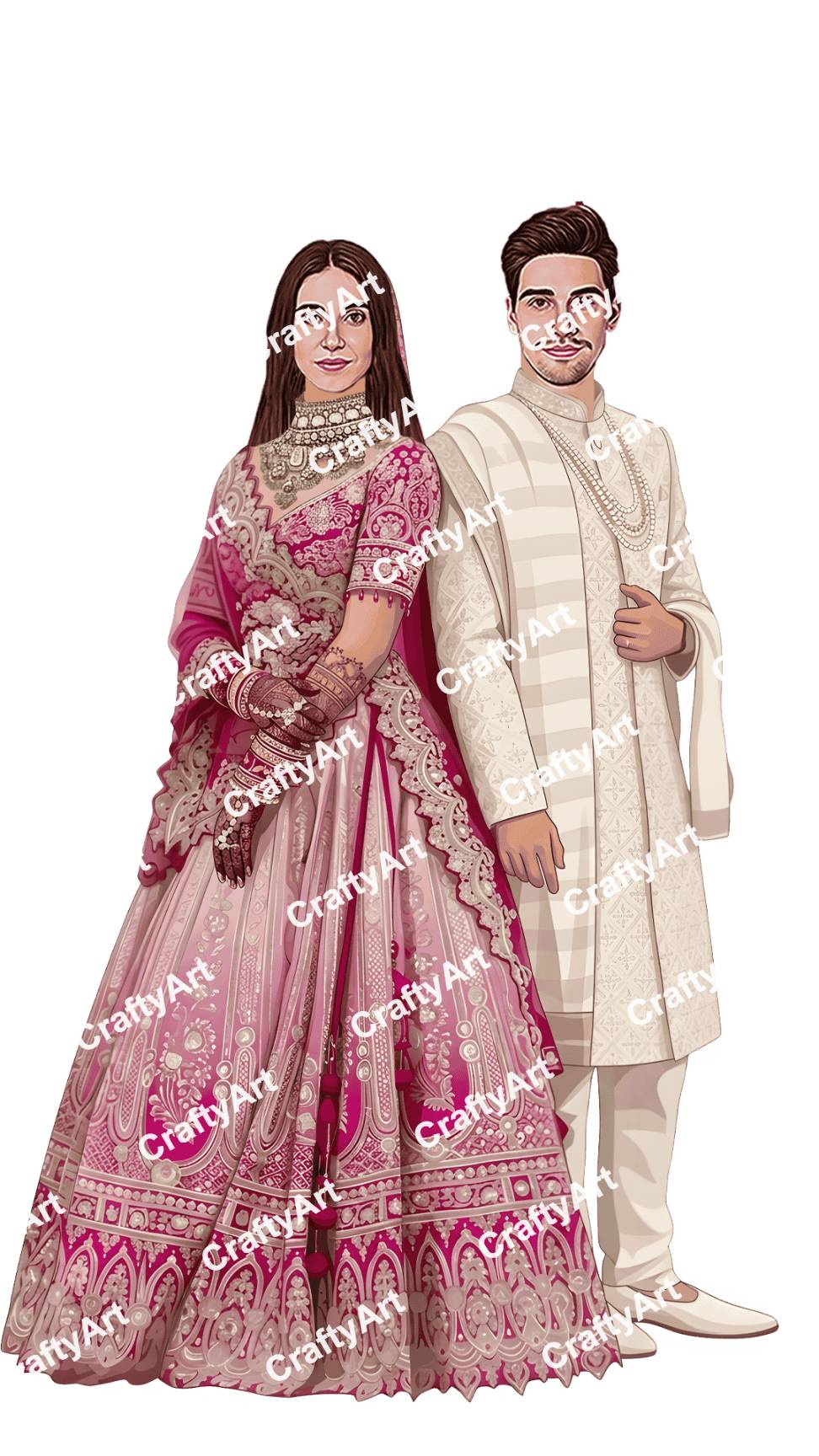 Pastel Wedding Couple Caricature with Elegant Outfit