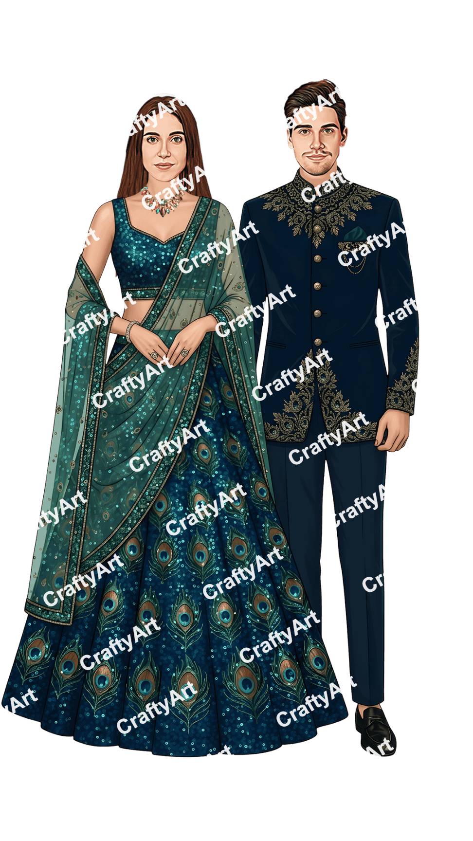 Stylish Caricature for Engagement in Premium Outfit