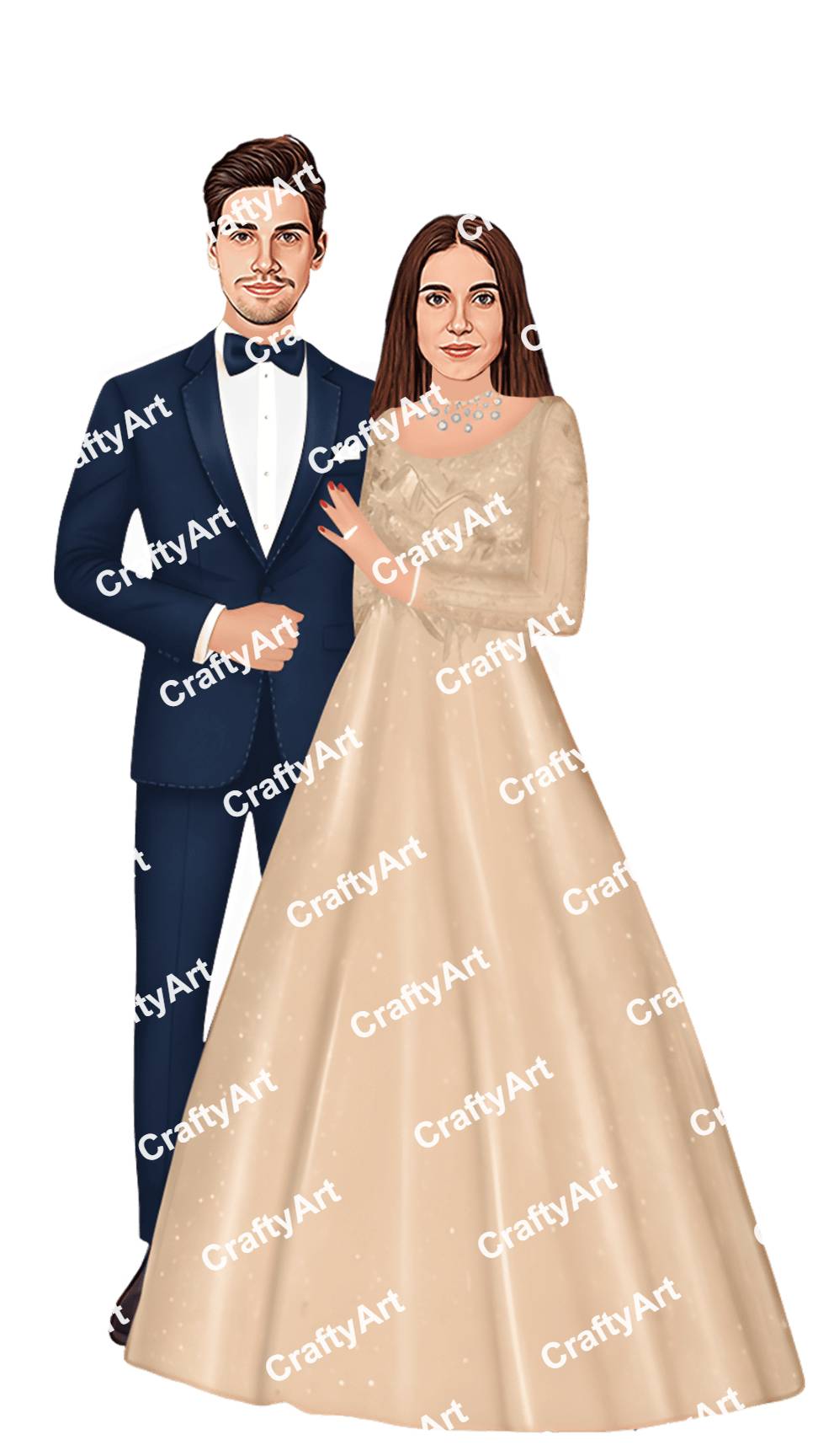Wedding Reception Caricature with Navy Blue and Gold Style