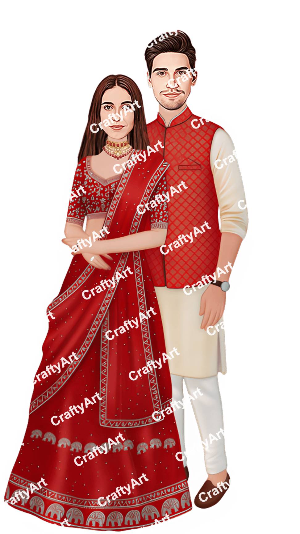 Traditional Red Outfit Engagement Caricature with Style Art
