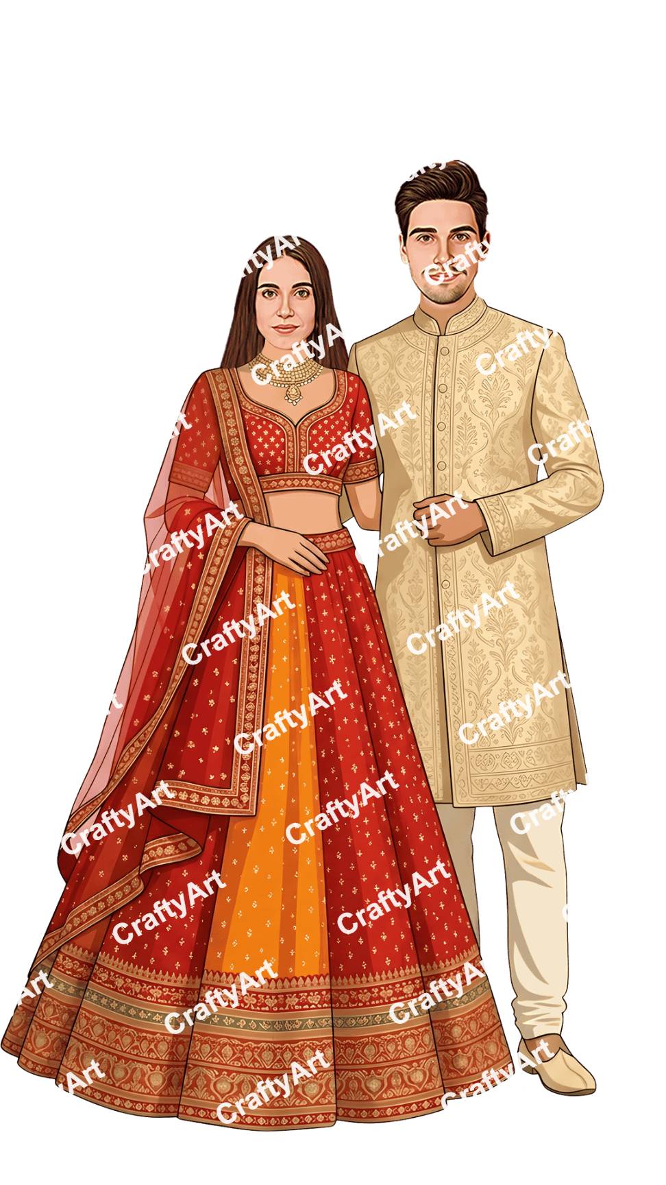 Royal Bride Groom Wedding Illustration in Red and Gold Theme
