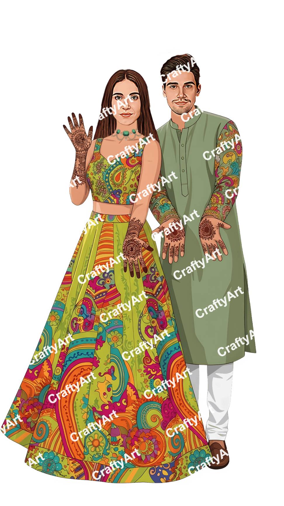 Indian Mehndi Ceremony Caricature with Artistic Mehndi Look