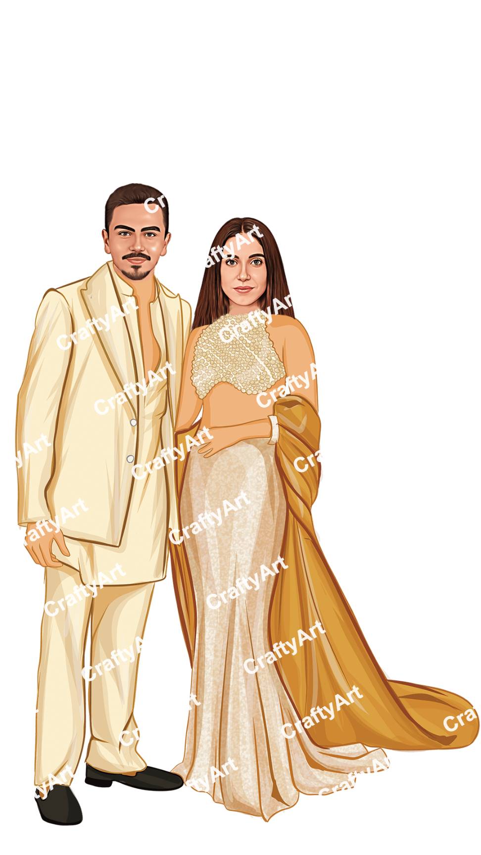 Custom Caricature of a Couple in Golden Wear for a Sangeet