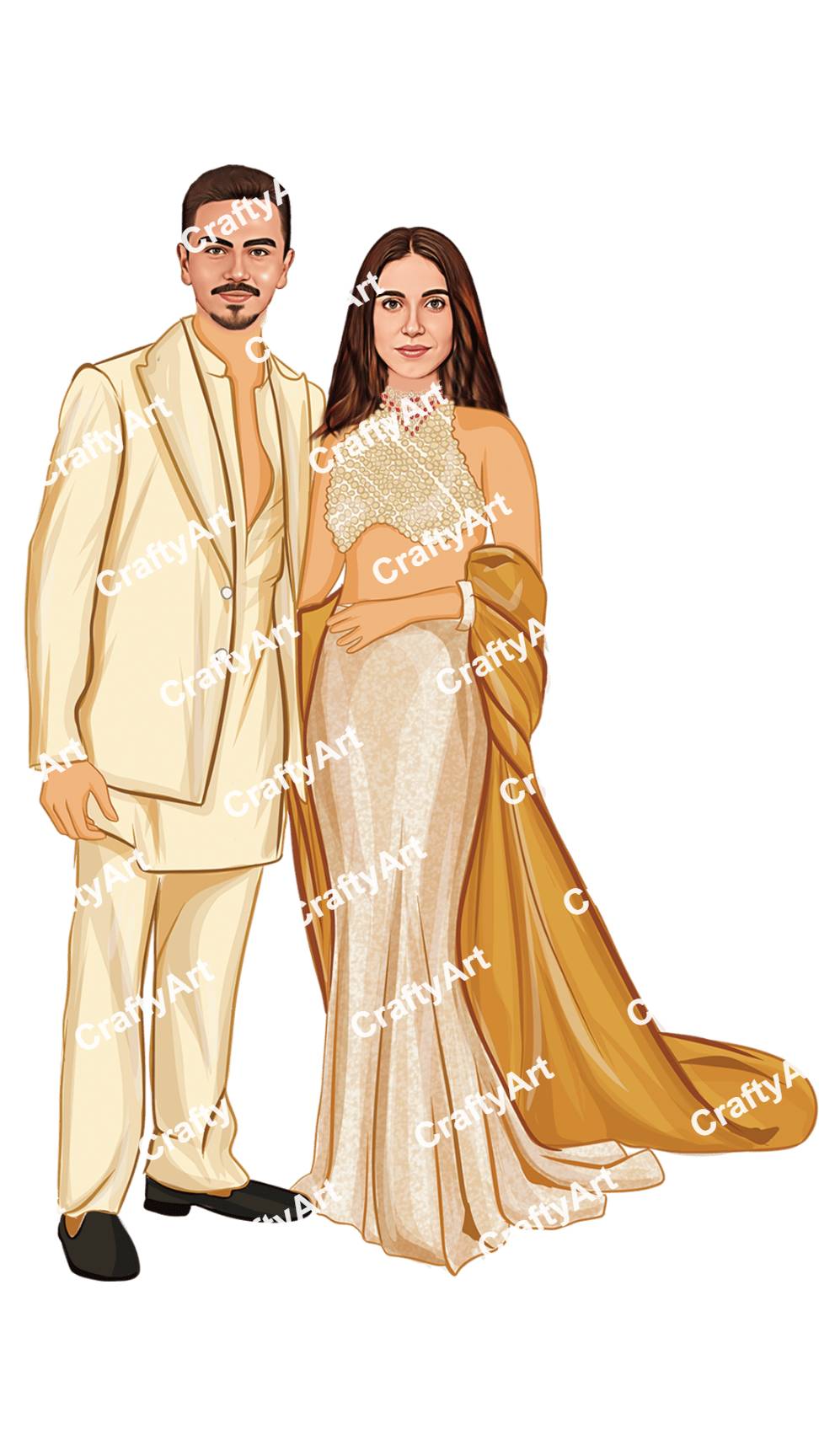Custom Caricature of a Couple in Golden Wear for a Sangeet