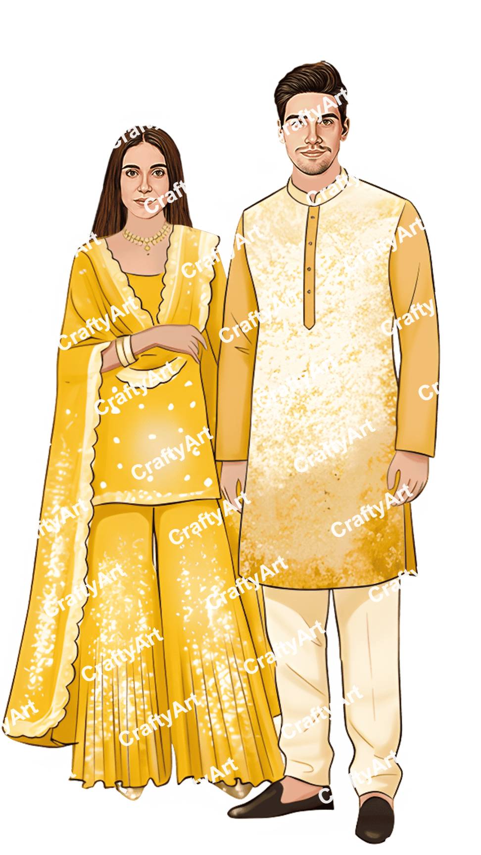 Yellow Haldi Outfit Bride Groom Caricature Illustration