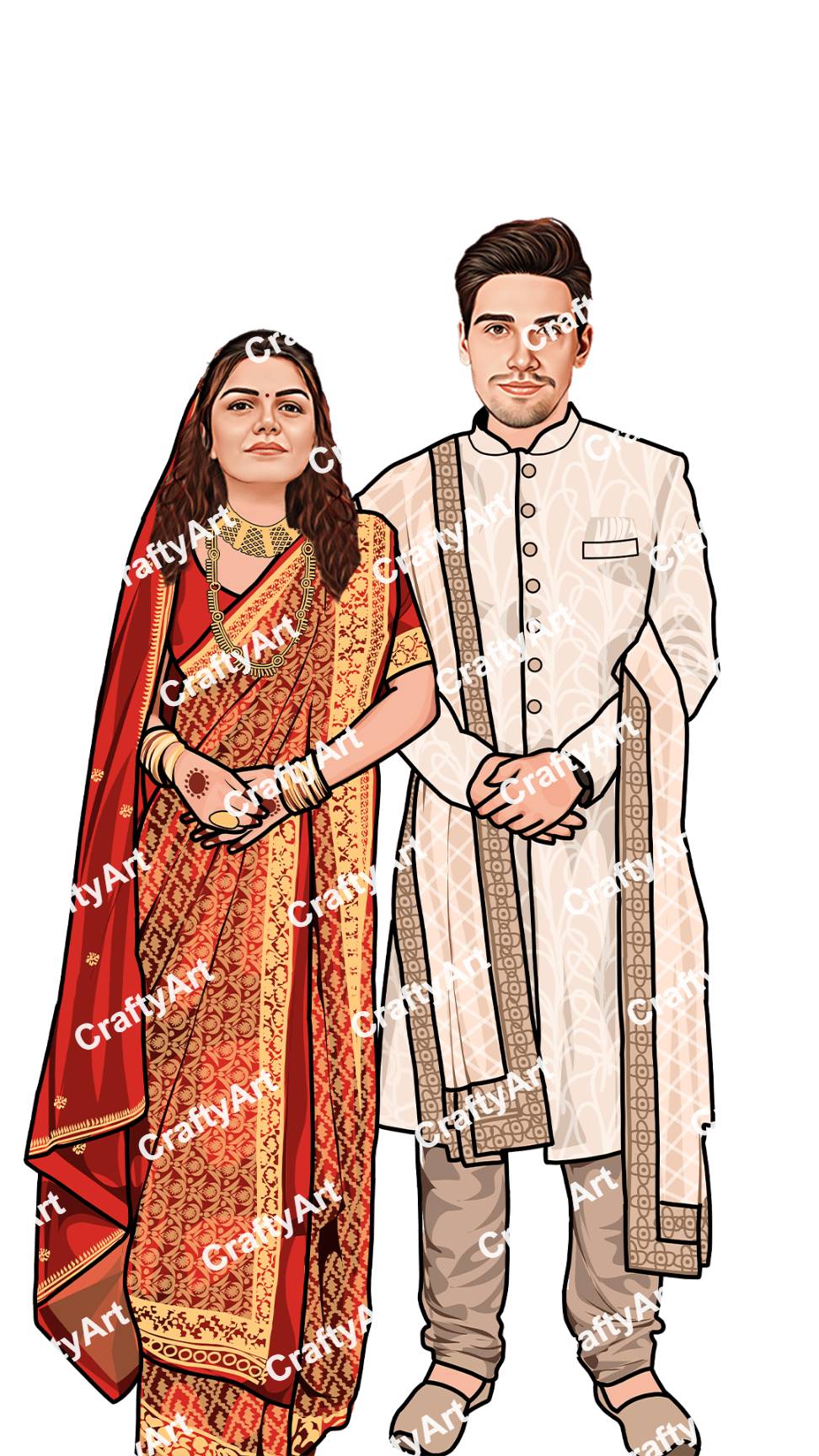 Red Saree Bride and Cream Sherwani Groom Wedding Caricature