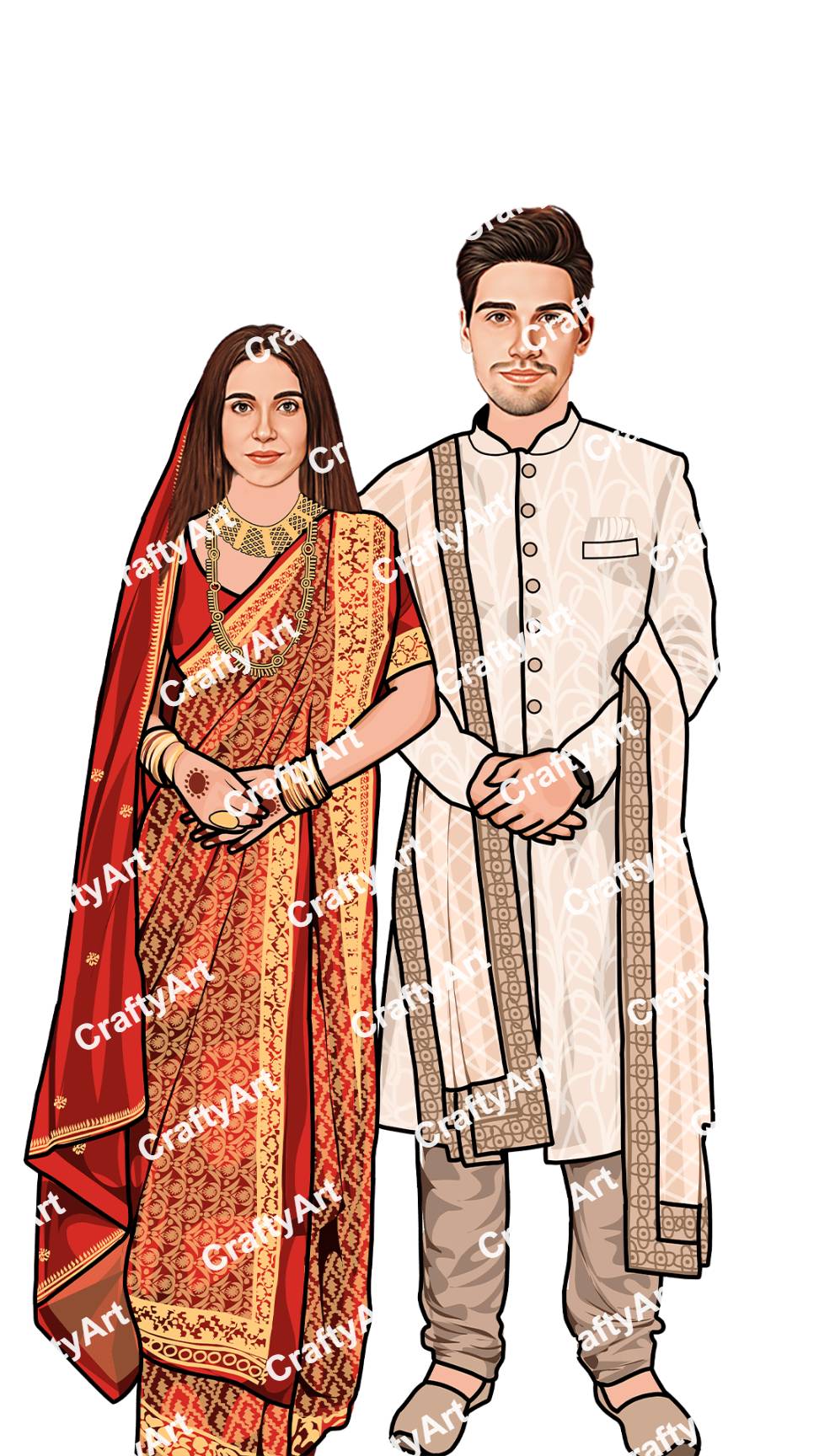 Red Saree Bride and Cream Sherwani Groom Wedding Caricature