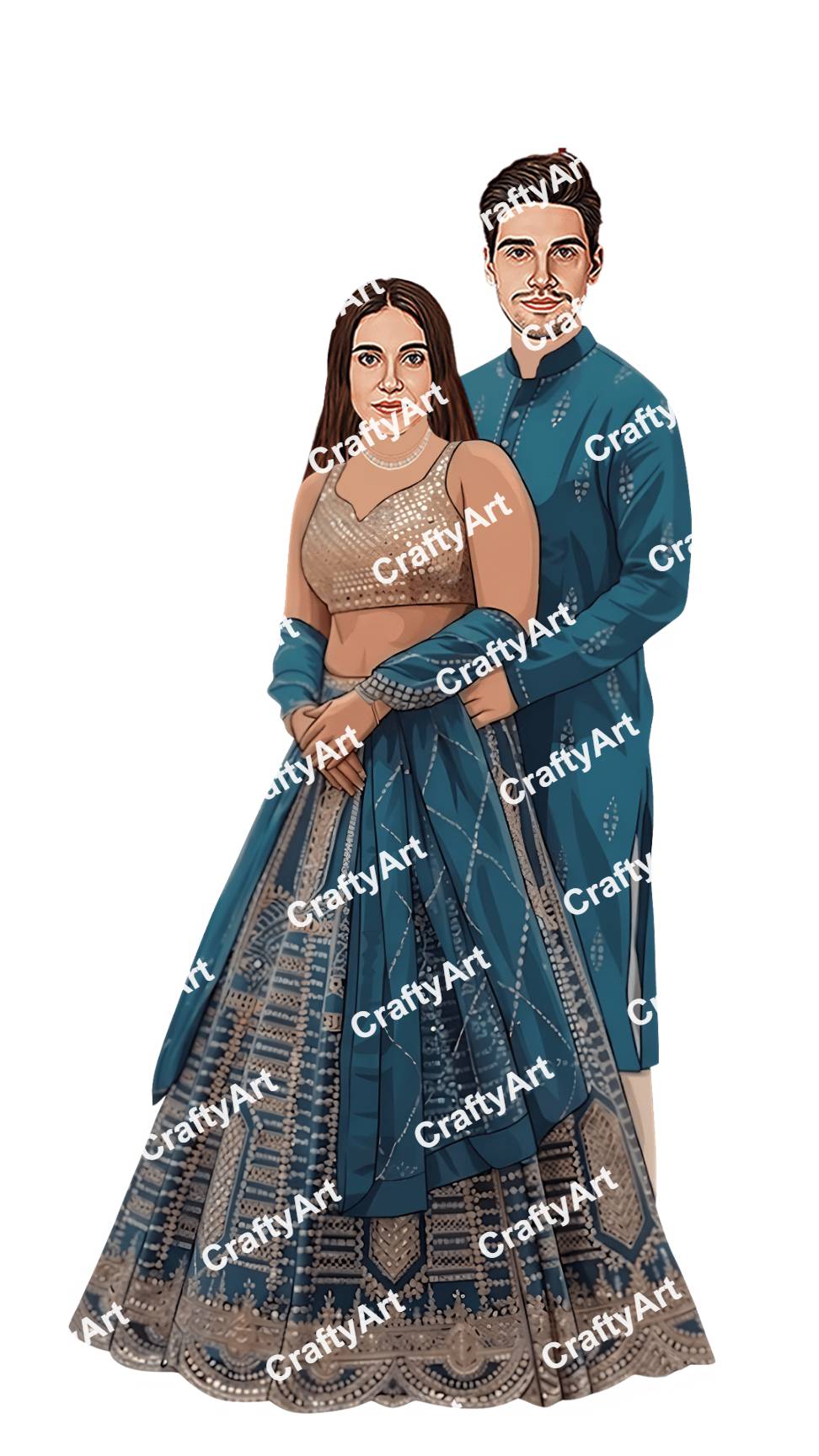 Sangeet Couple Caricature in Traditional Wedding Style