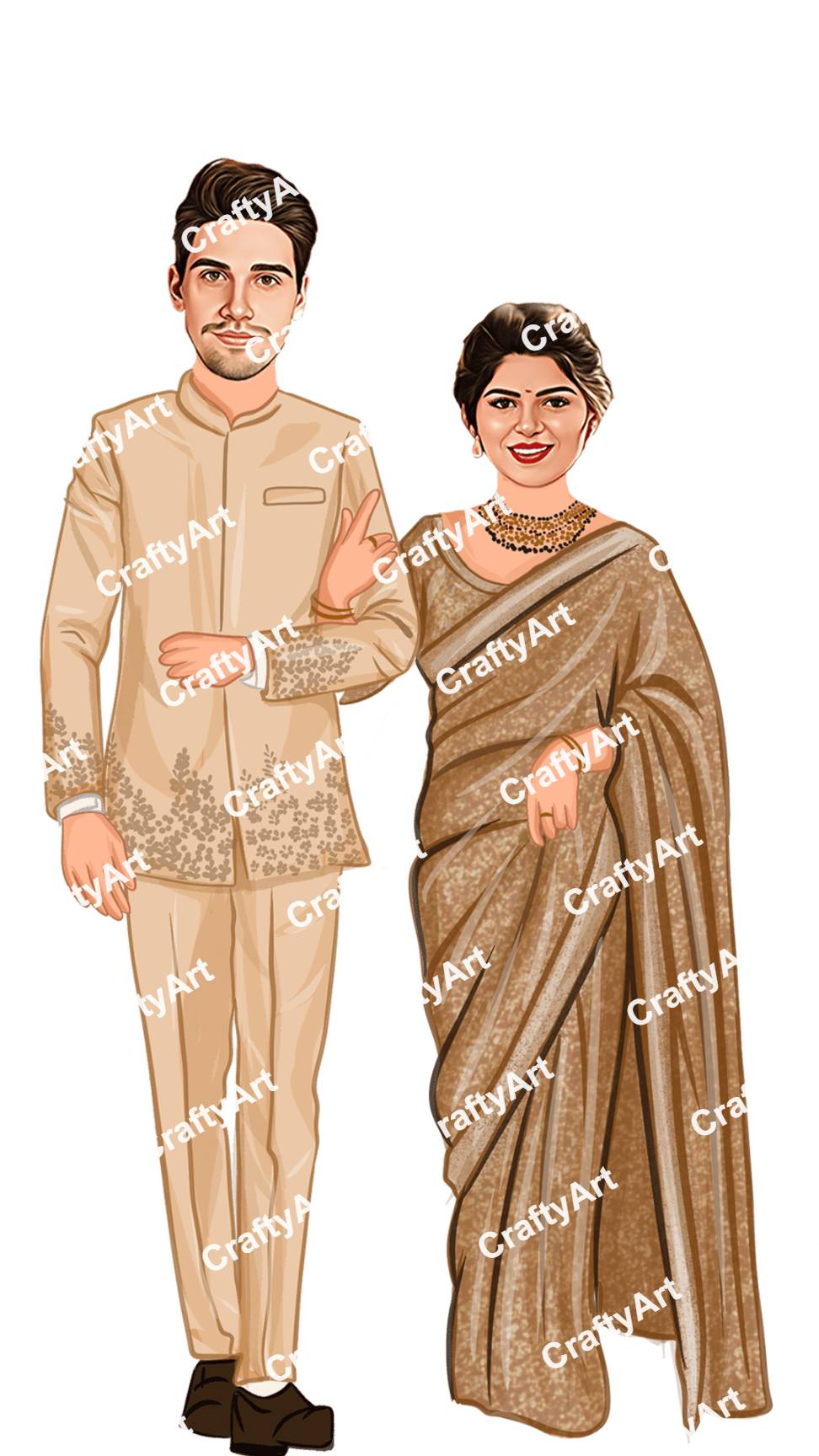 Gold Saree and Sherwani Caricature for Jal Ceremony