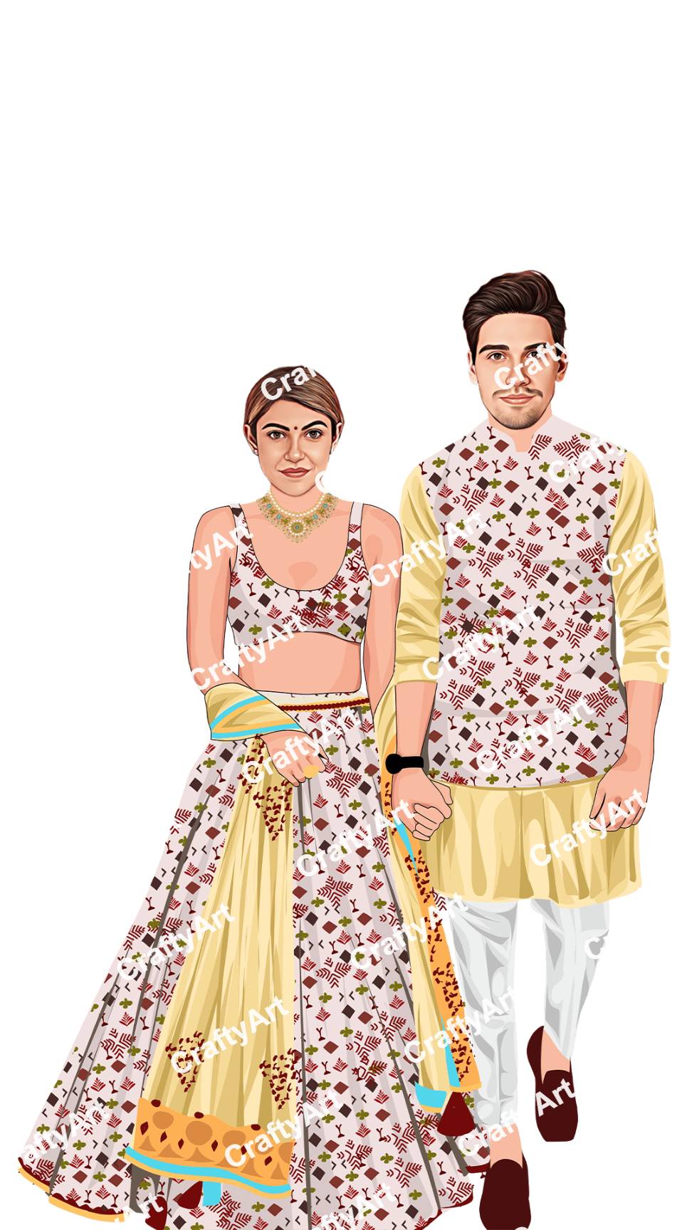 Yellow Outfit Couple Caricature for Haldi Ceremony