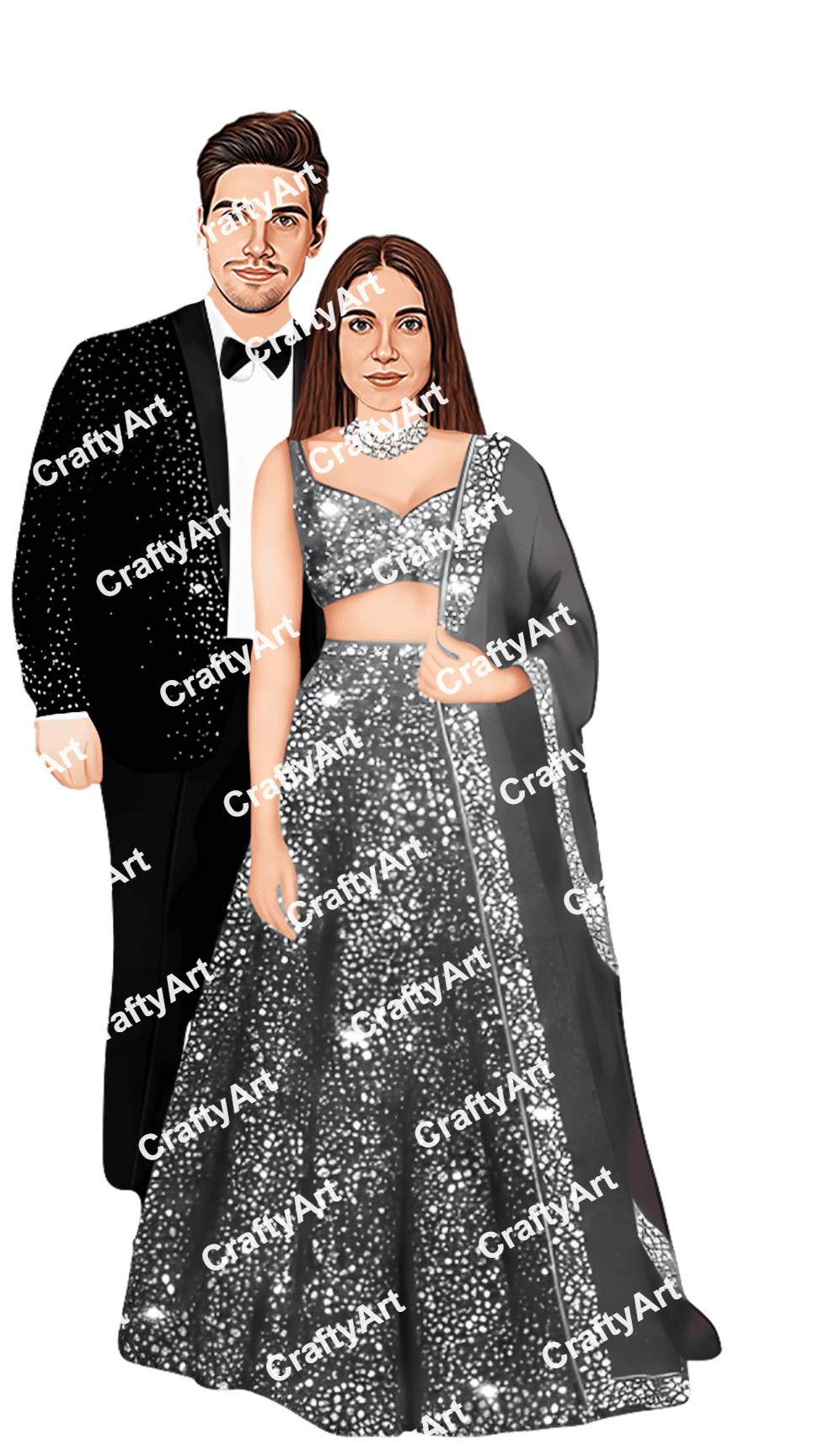 Sangeet Couple Caricature with Black and Silver Party Style