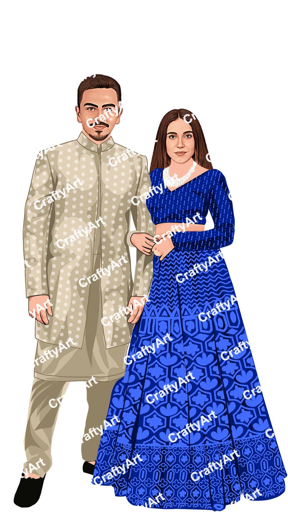 Caricature of Couple in Classic Blue Traditional Attire