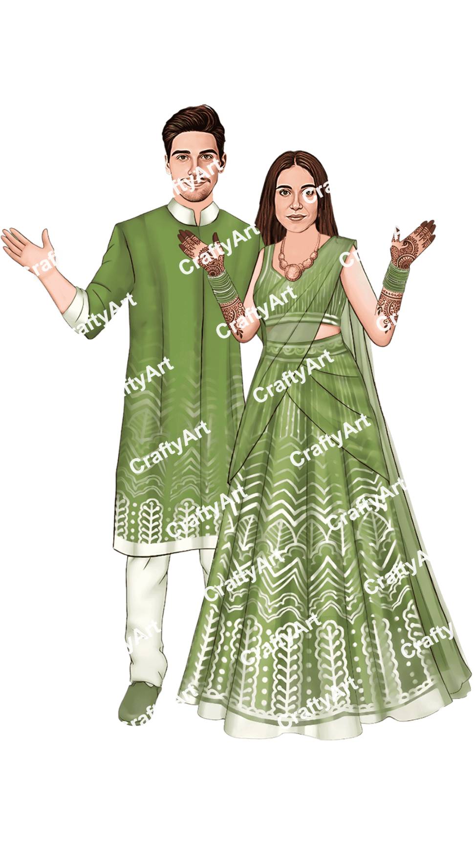 Green Mehndi Couple Caricature with Stylish Ethnic Design