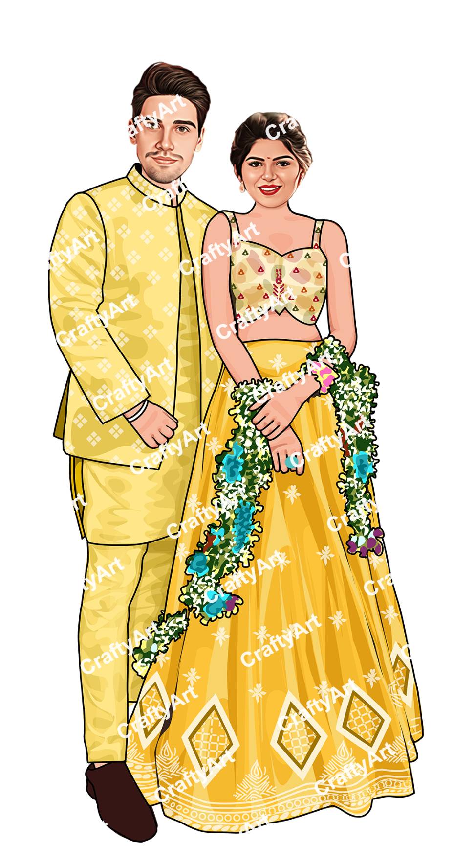 Indian Couple Caricature In Yellow Outfit For Haldi Function