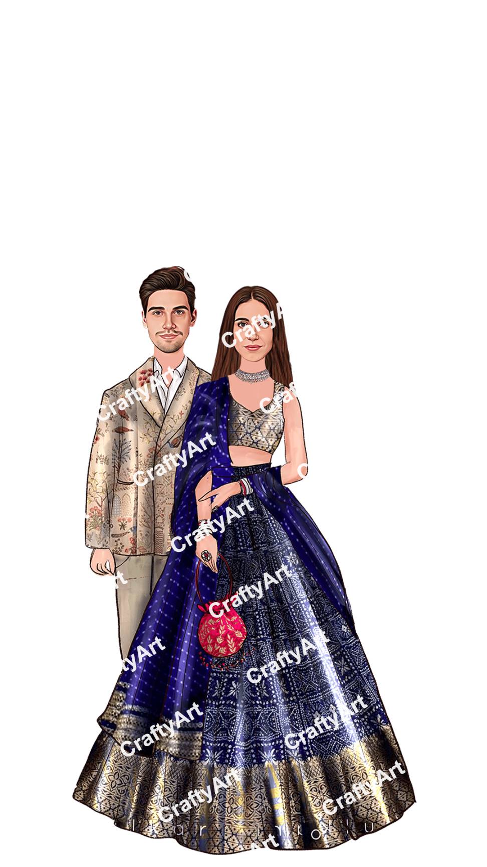 Stylish Blue Lehenga Wedding Caricature for Couples