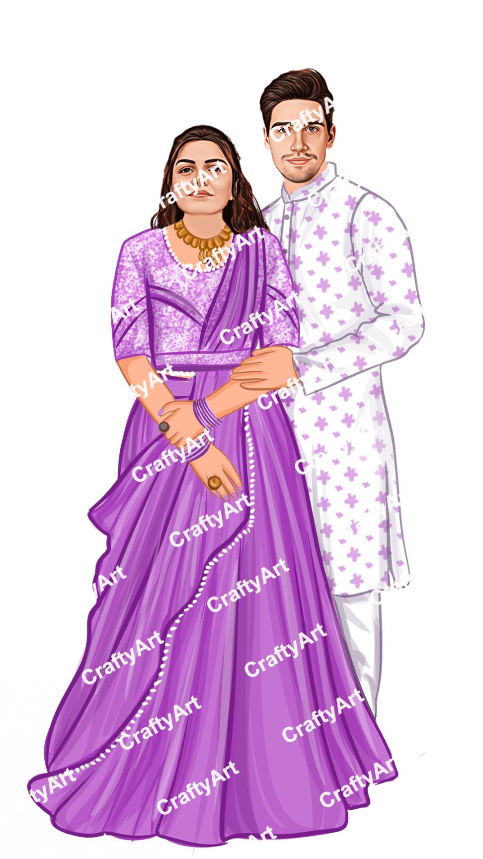 Engagement Couple Caricature with Purple and White Dress