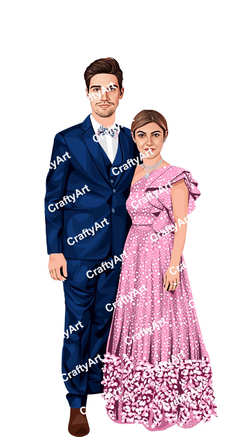 Party Caricature of Couple in Blue Suit and Pink Gown