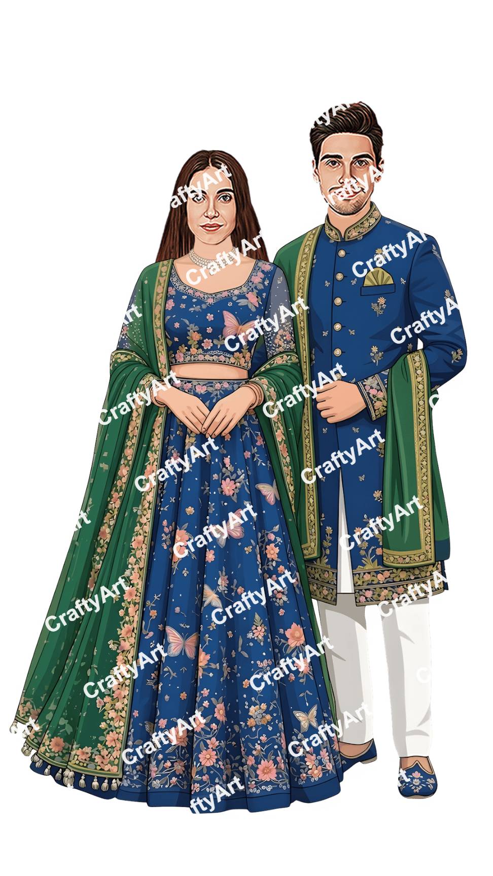 Sangeet Couple Caricature in Royal Blue Floral Style