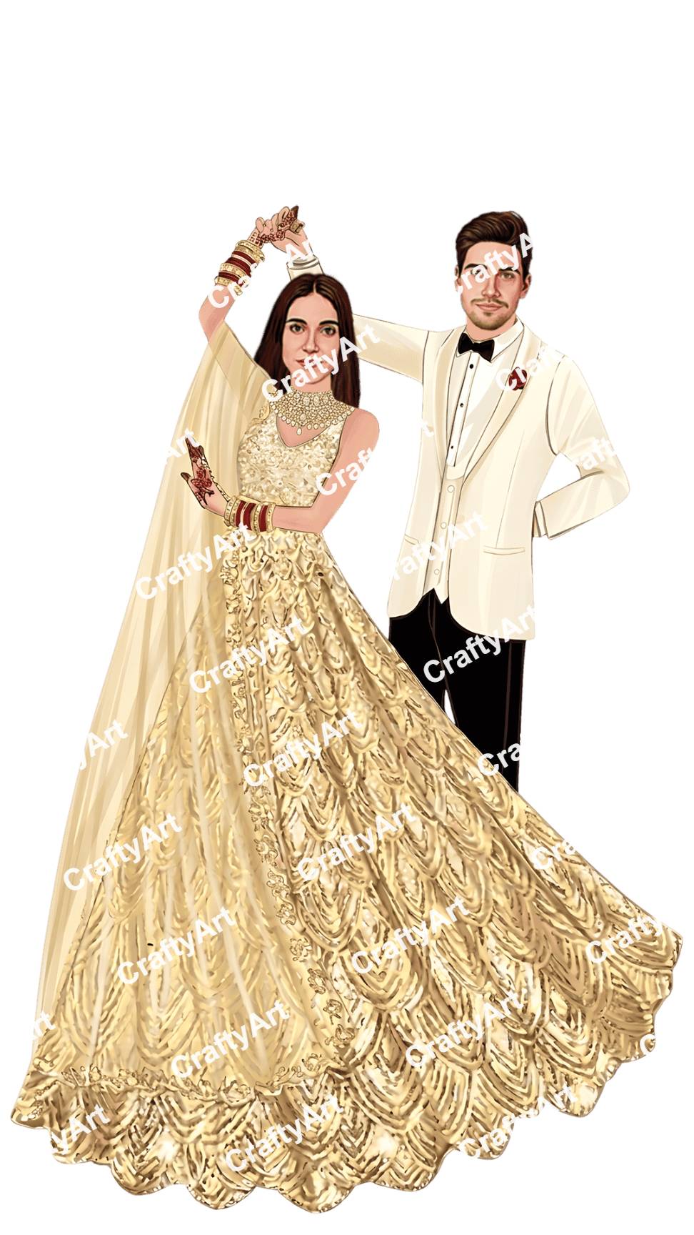 Indian Engagement Caricature in Royal Gold Theme