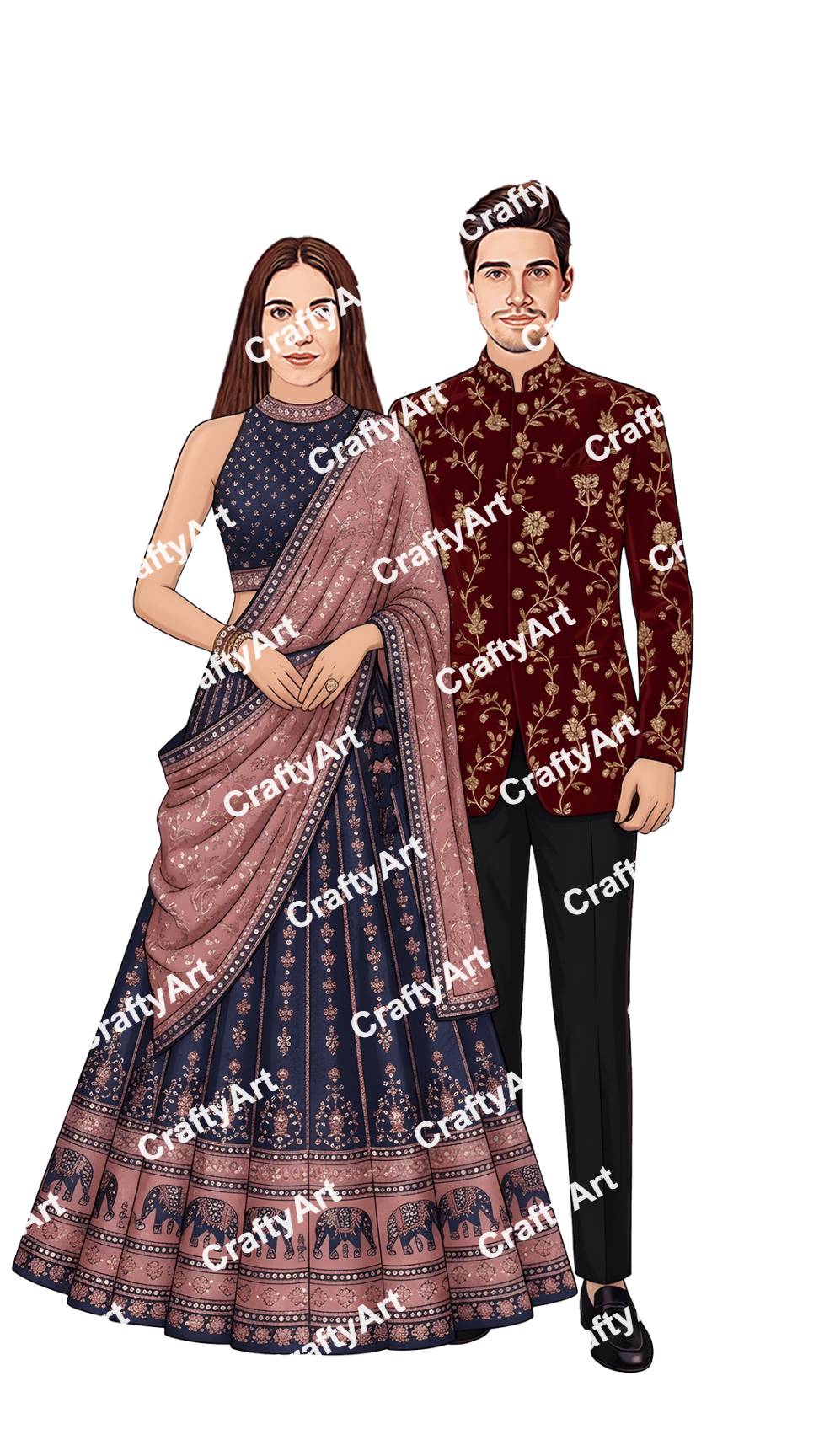 Indian Sangeet Couple Caricature with Royal Party Look
