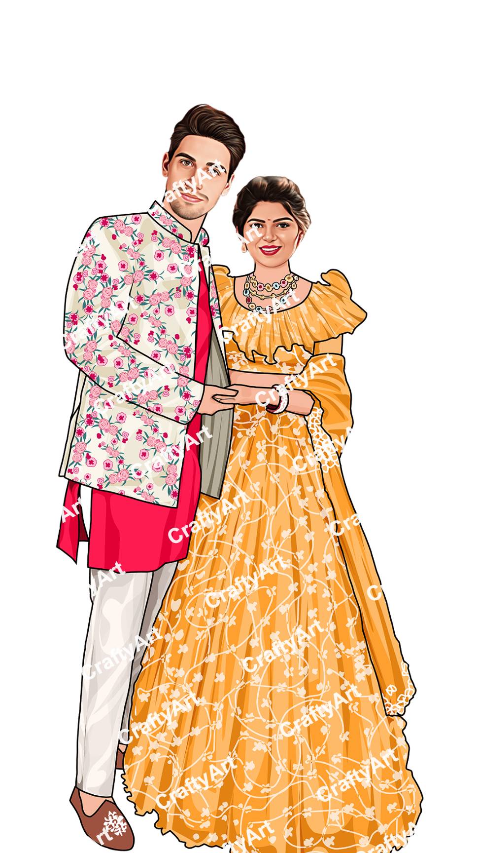 Bright Yellow Couple Caricature for Wedding Invitations