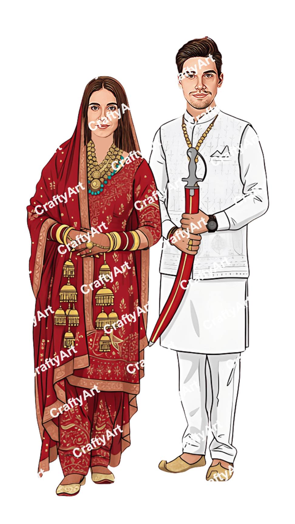 Punjabi Wedding Caricature with Classic Red and White Look