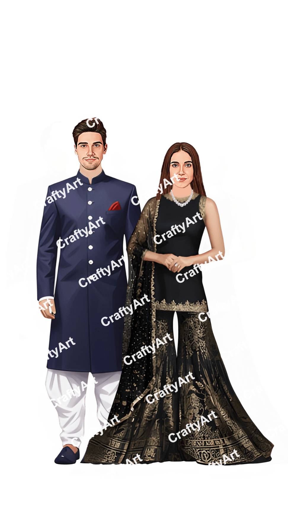 Wedding Couple Caricature with Sherwani and Sharara Lehenga