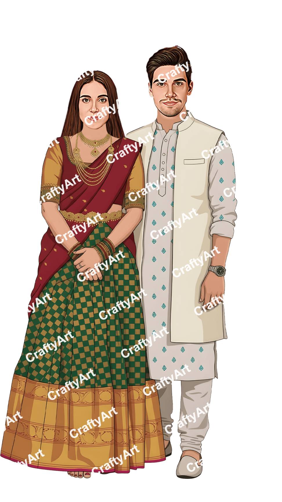 Tamil Wedding Couple Caricature in South Indian Style