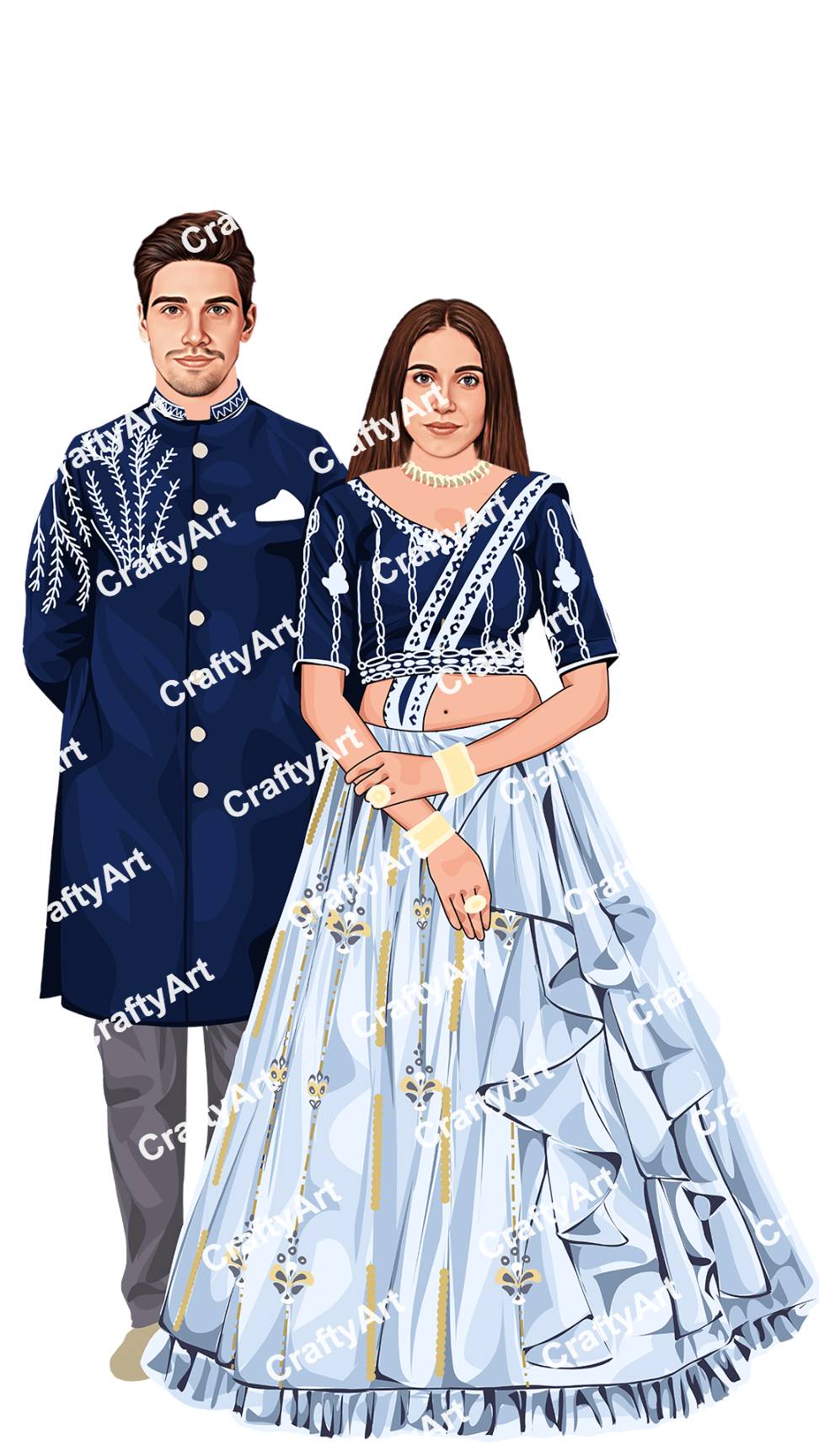 Modern Designed Outfit Caricature Of Duo For Engagement