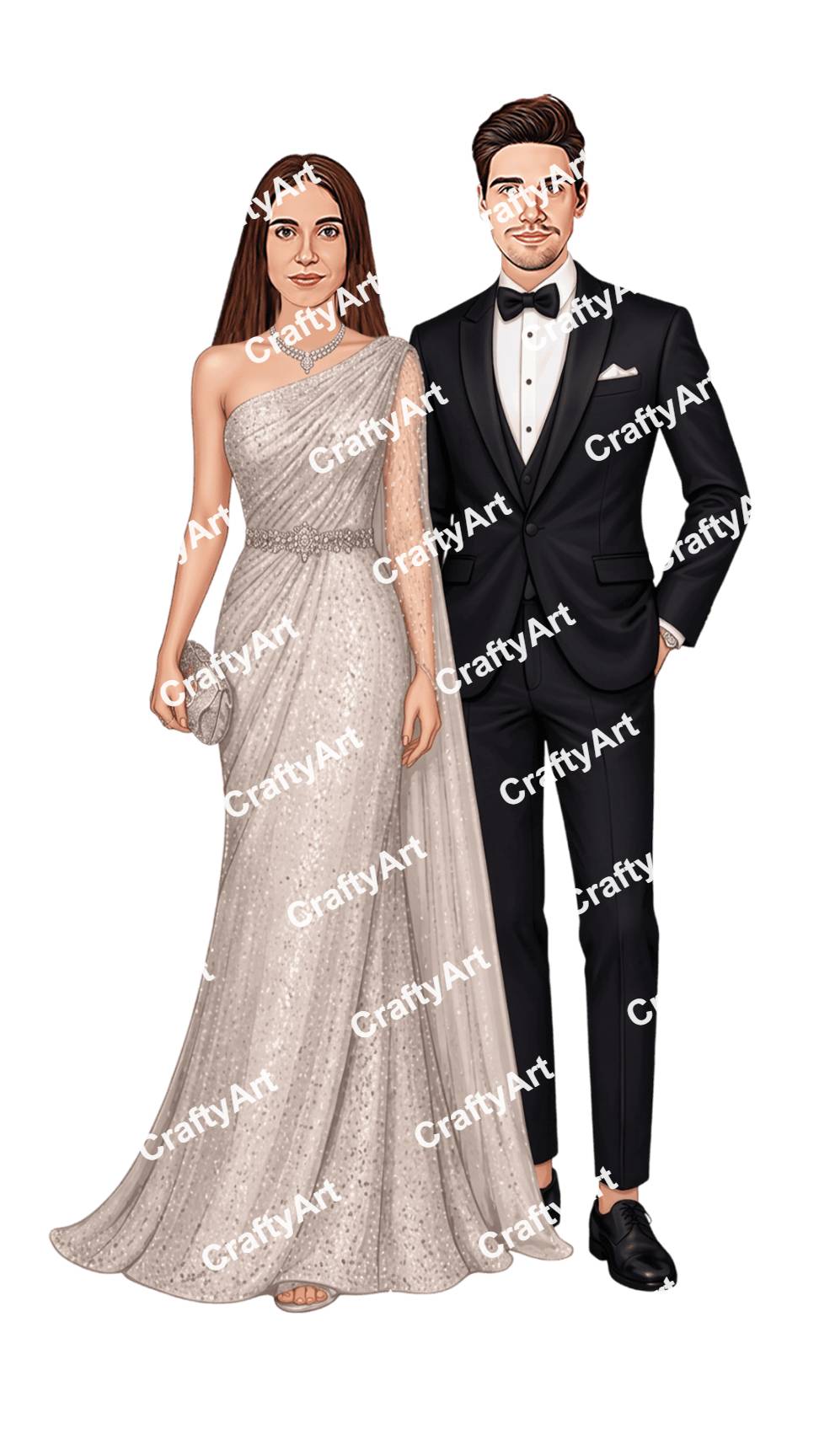 Anniversary Couple Caricature with Silver Black Glam Style