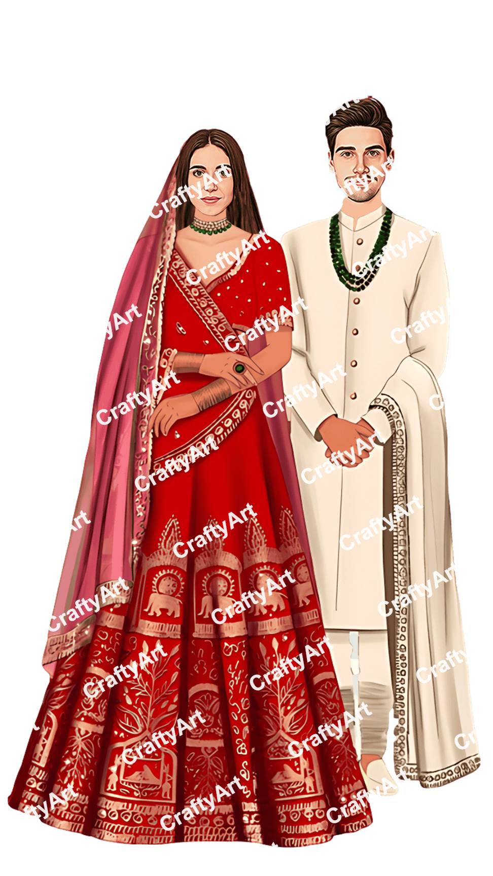 Indian Wedding Caricature with Elegant Bride and Groom Look
