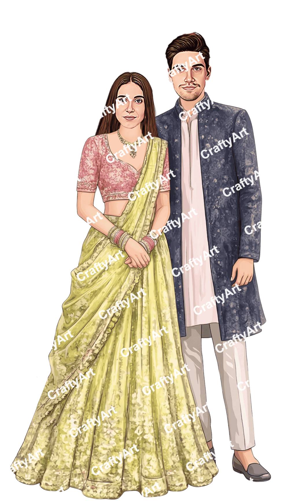 Stylish Engagement Couple Caricature in Royal Look