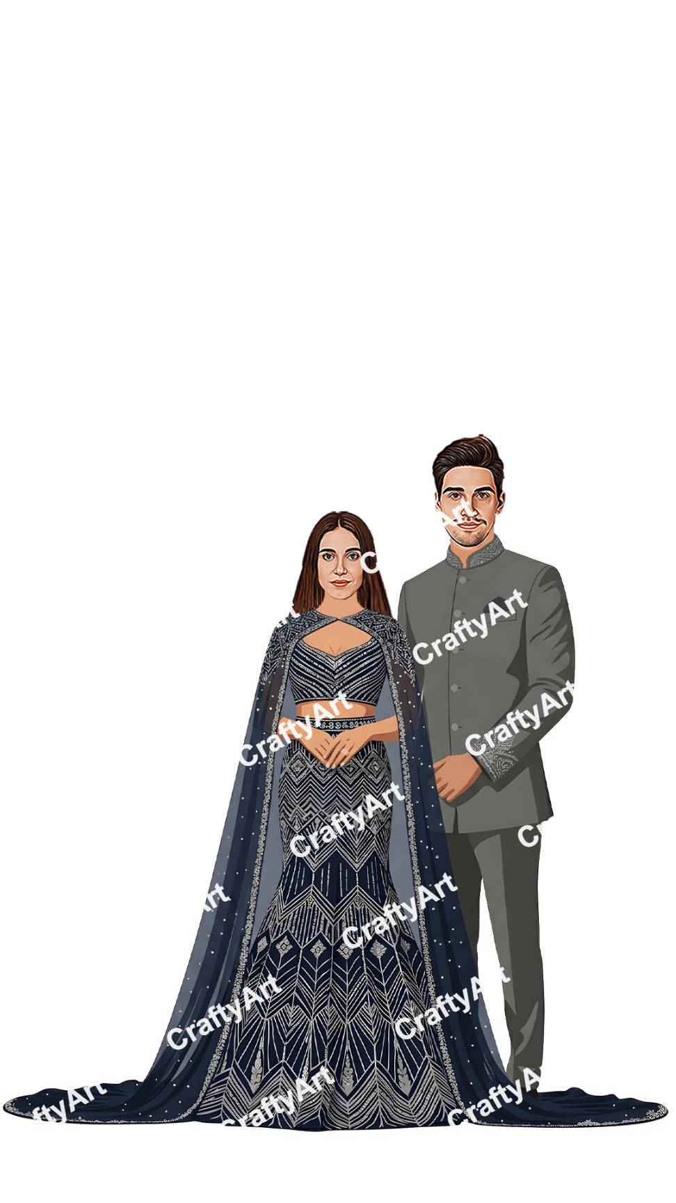 Premium Navy Blue Engagement Caricature for Couples