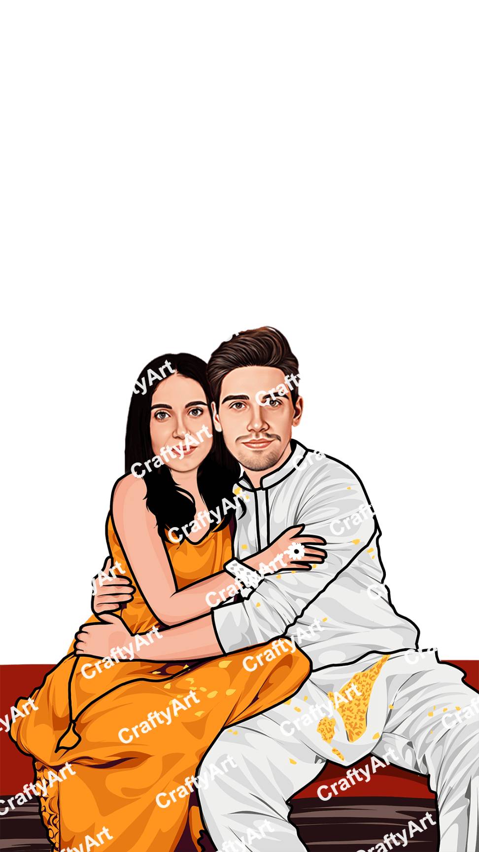 Couple Caricature Sitting Pose for Haldi Ceremony