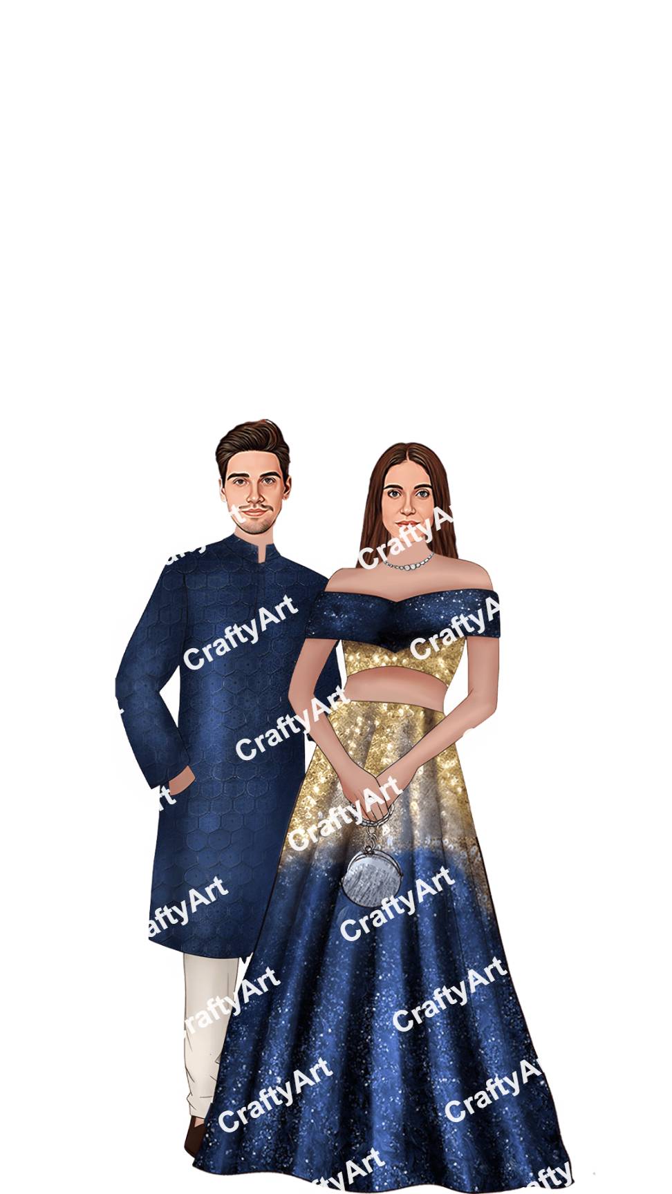 Elegant Blue Theme Sangeet Caricature for Couples