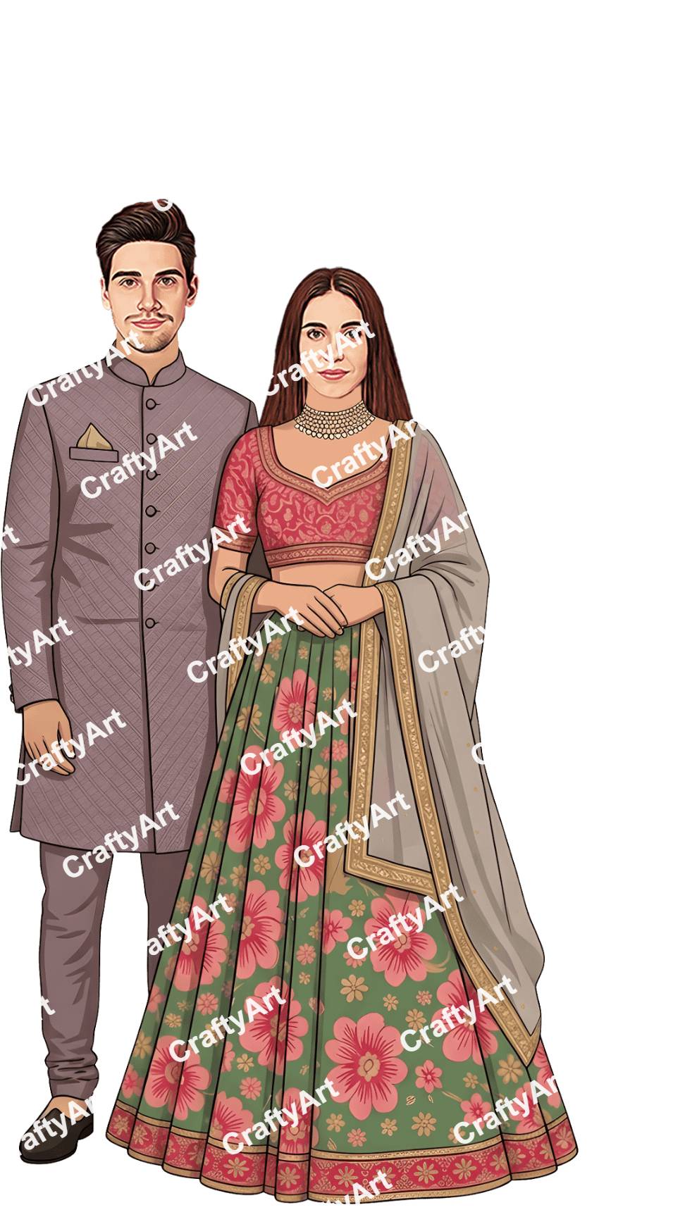 Indian Engagement Couple Illustration in Floral Style Look