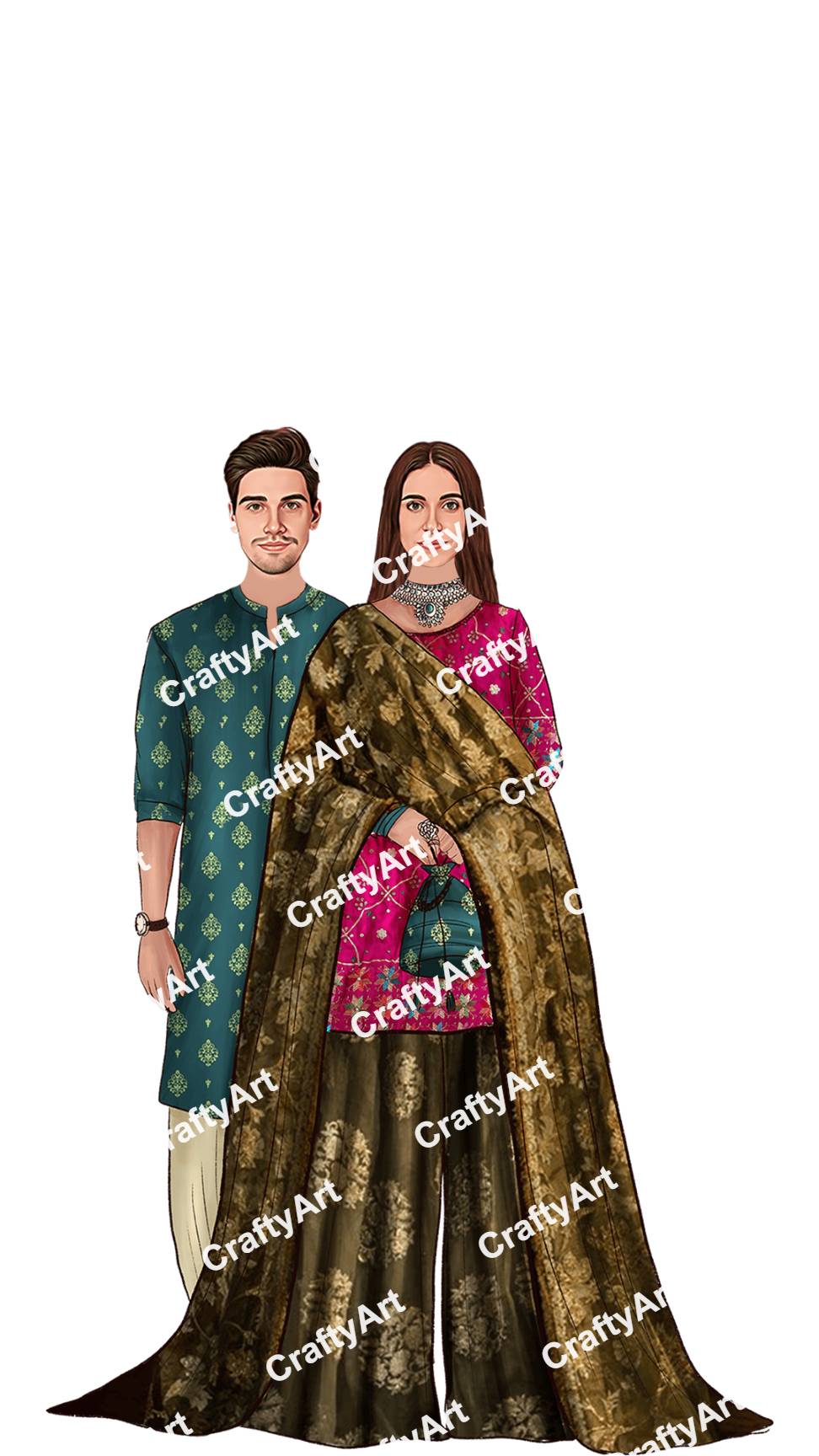 Mehendi Couple Caricature in Pink & Green Traditional Attire
