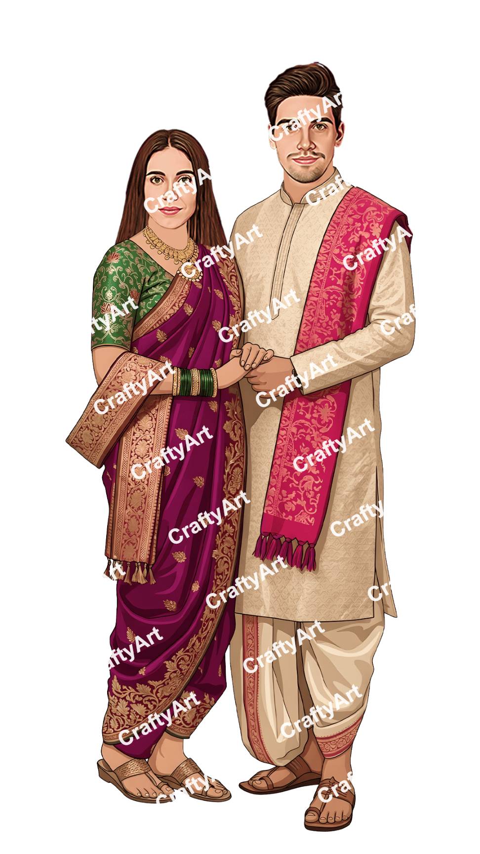 Marathi Wedding Couple Caricature in Classic Marathi Look