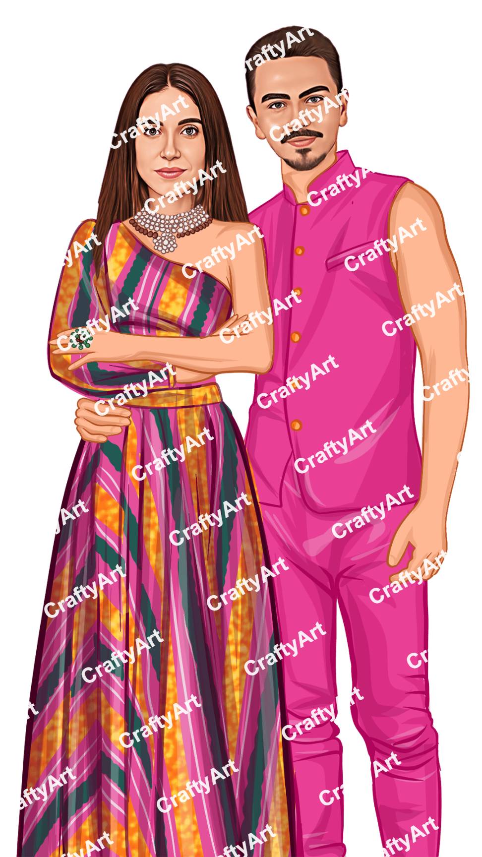 Couple Party Caricature in Nehru Jacket and Lehenga Choli