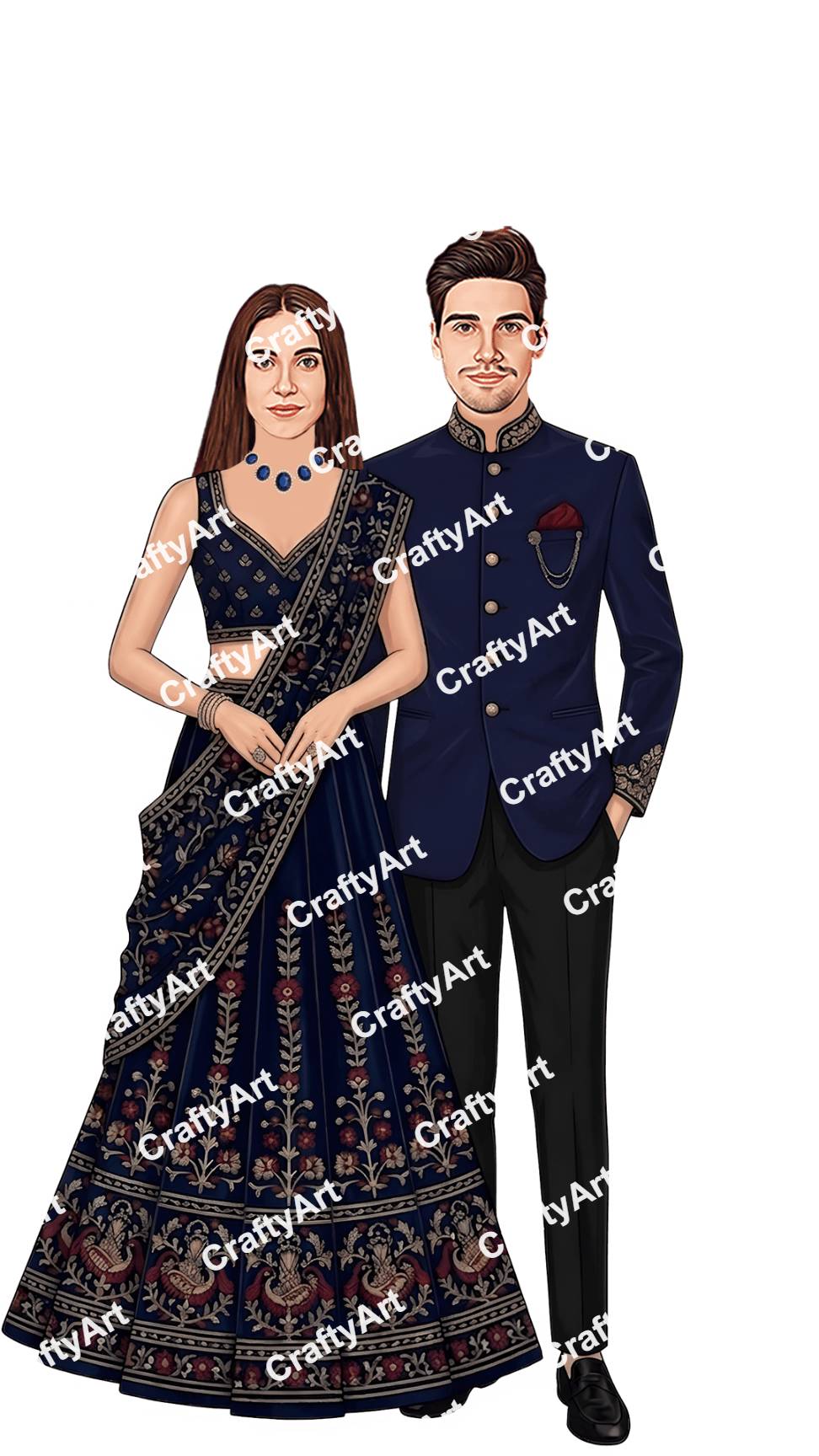 Romantic Engagement Caricature for Stylish Indian Pair