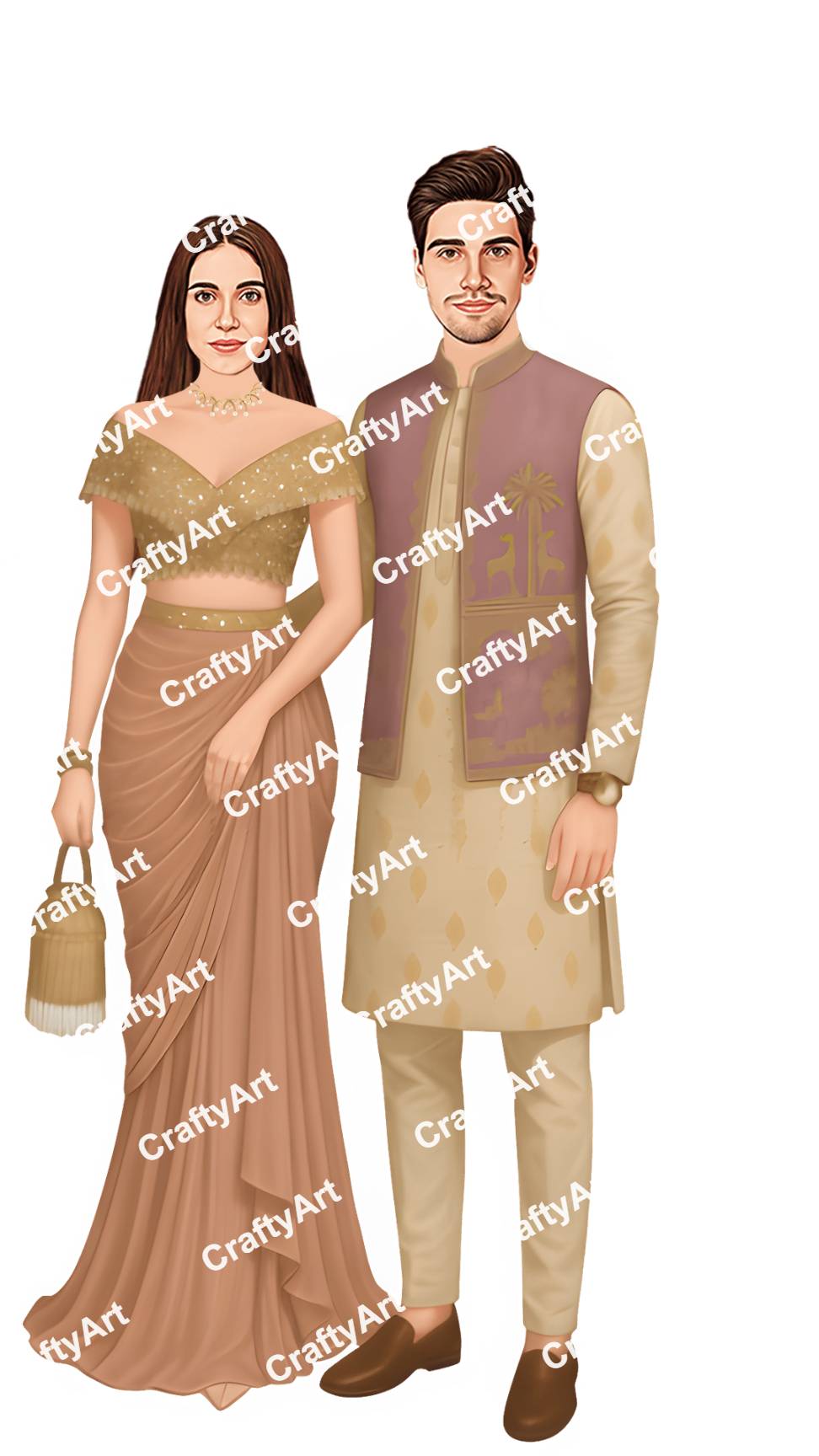 Reception Caricature in Groom Kurta Set and Bride Saree Gown
