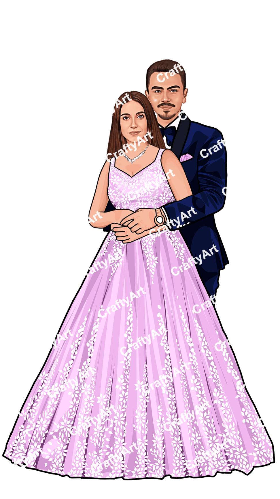 Charming Couple Caricature in Pink Gown and Suit for Sangeet