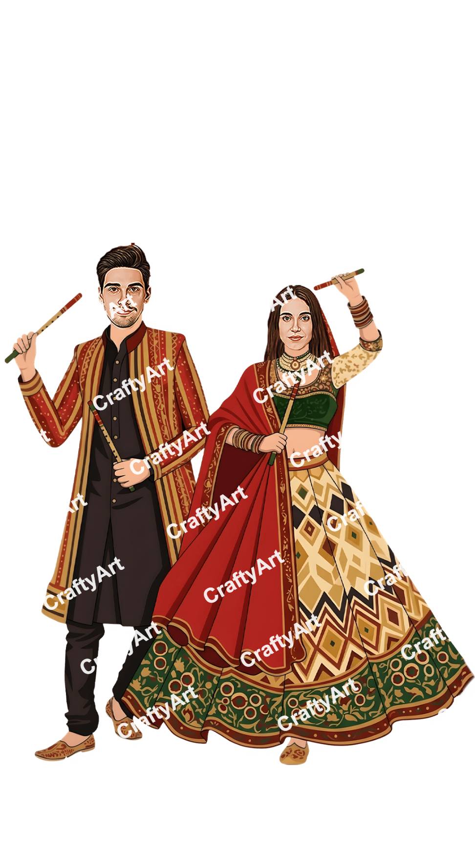 Royal Dandiya Raas Couple Caricature Dance Pose