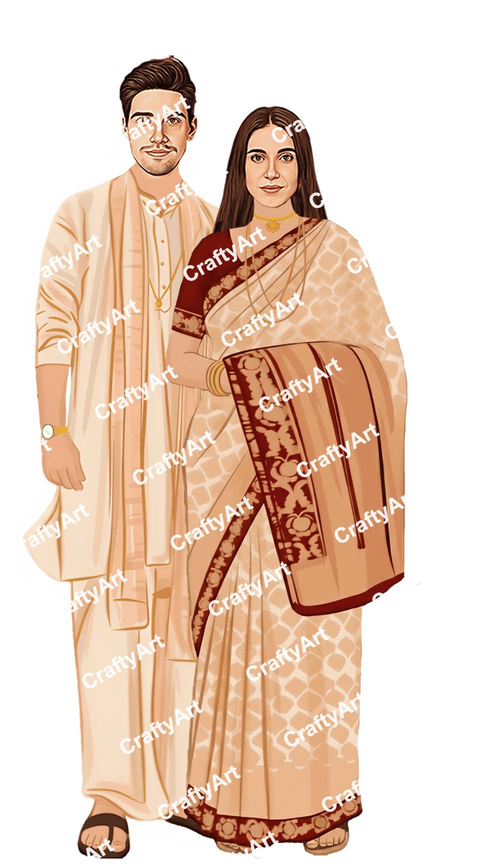 Tamil Wedding Caricature in Soft Beige and Maroon Theme